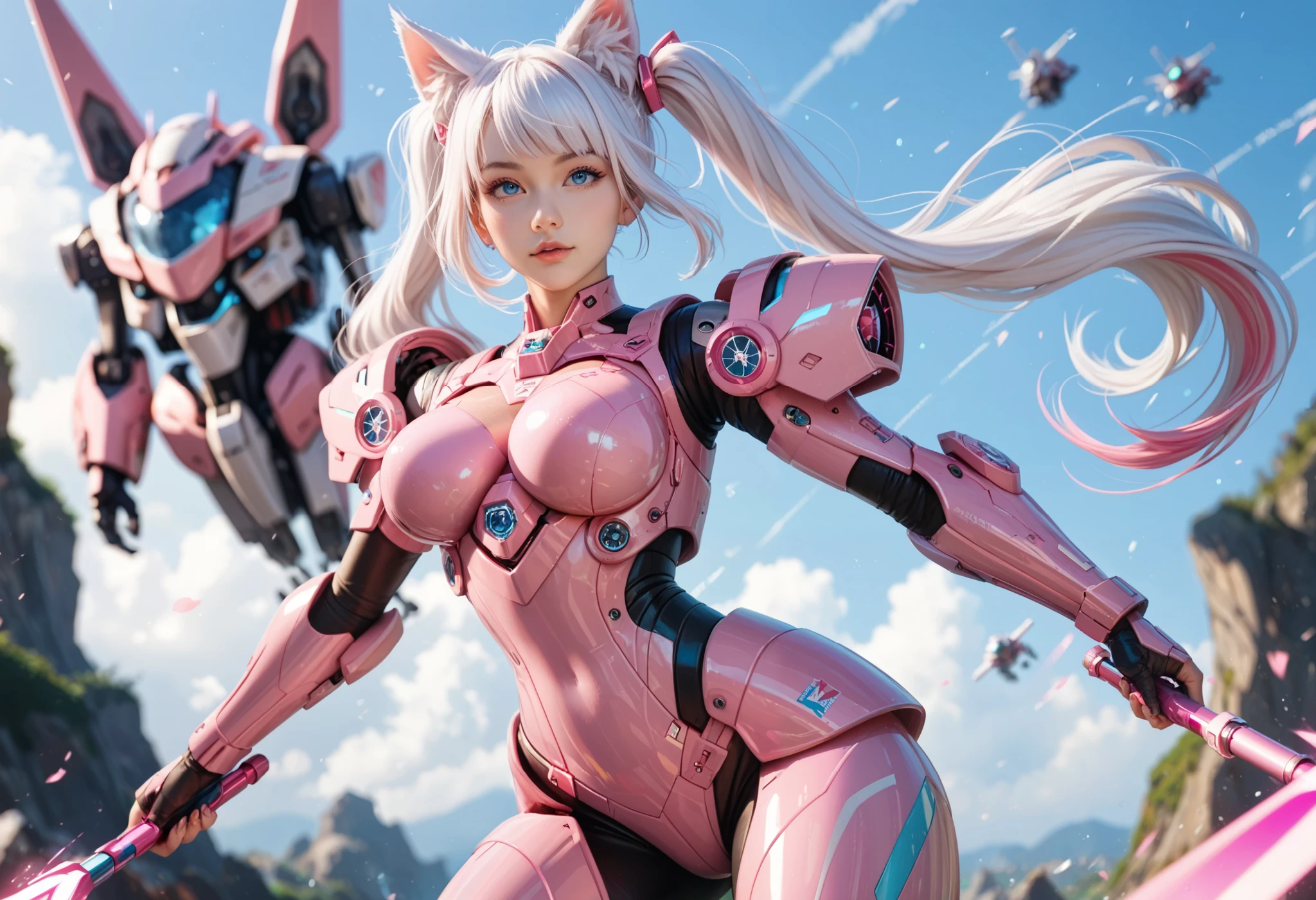 1 girl fox ears, solo, looking at the audience, flat bangs, (full body like young cute beautiful 18 year old girl:1.1), 3d face, beautiful girl with delicate face, beautiful face, beautiful, girl face, kpop idol, supermodel, stunning innocent symmetrical face, (Guido Daniel's hands), perfect body, medium breasts, slender waist, slim legs, (high detail skin:1.2), glowing eyes, goddess, natural skin texture, shiny skin,fair skin, beautiful delicate face, detailed face, real skin texture, cute and delicate face, fine face, golden ratio, golden ratio face, expressive eyes, perfect face, perfect skin, flawless face, clear face, shiny hair, pale skin, proper body proportions, perfect anatomy, realistic skin texture, sweet lips, shiny lips, natural makeup, beautiful bright pupils, slender figure, complex eyes, detailed pupils, detailed face and eyes, long eyelashes, blush, good hands, perfect hands, beautiful face, beautiful female body, delicate and delicate skin, oily shiny skin, broken, ((mecha musume, mechanical parts, super robot joints, robot joints, single robotic arm, robotic arm, headdress, mechanical halo, star halo, complex mechanical tights, mecha corsets, tights, fully armored, (embers, battlefield, volumetric fog, gray fog, smoke, explosion, apocalypse, destroyed city background, buildings on fire: 1.3), (Floating colored sparks: 1.2), (Energy beam: 1.3), (Highly detailed wear metal texture: 1.3), (rust, dirt, dust, scratches, Abrasions on metal texture: 1.2), Science fiction, (pink hair, pink theme, pink uniform, pink eyes: 1.3), very long hair, (human halo from the body: 1.4), (pink energy light emitted by the body: 1.4), (whole body: 1.3), (flight: 1.3), (Lightning Discharge Lightning Effect: 1.2), (Shock: 1.3), (Glow Particle: 1.4), Gun, Combat, (Electric Spark, Spark, Missile, Dodge Bullet, Building Hit by Missile, Futuristic Tech Drone Hit by Laser Weapon: 1.3), Adventure Appearance, Starry Sky, Color Refraction, Wormhole World, Futuristic City
