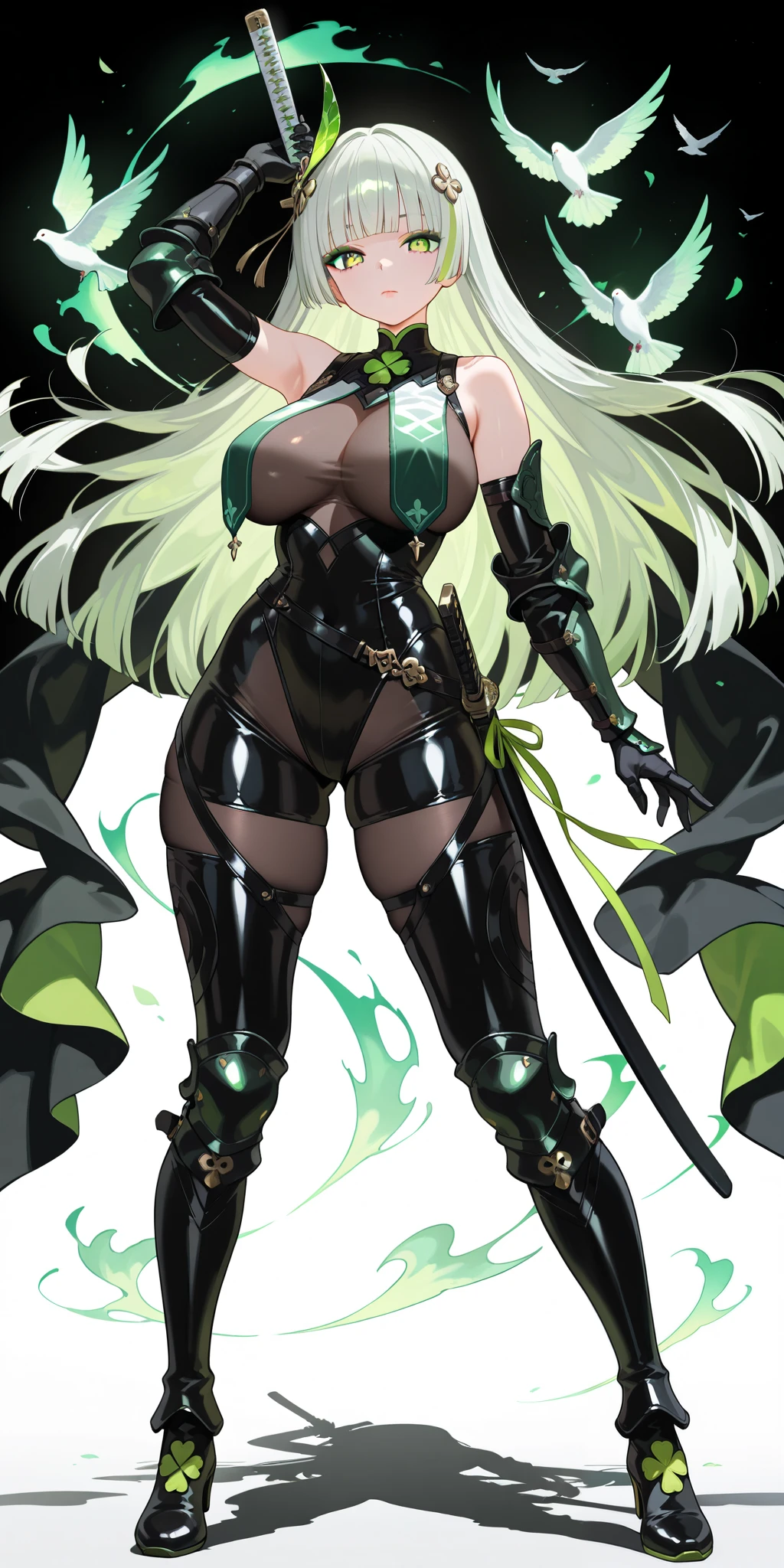 anime figure, figma,(detailed eyes))
1girl,((cat ears)),cat tail, ((long straight green hair:1.3)),big expressive neon green eyes,,expressive eyes,(((smile,blush wink))),(((full body:1.4))), ((mechanical full body suite, mecha)), feather robot wings,black kitten, cute, dynamic flirty pose, missiles on arms and shoulders, partial metal mask,standing on one leg looking at viewer ,shoulder trun to the viewer,black kitten sitting next to her, cute,flirty pose,AD ,decales,web AD
solo:1.5