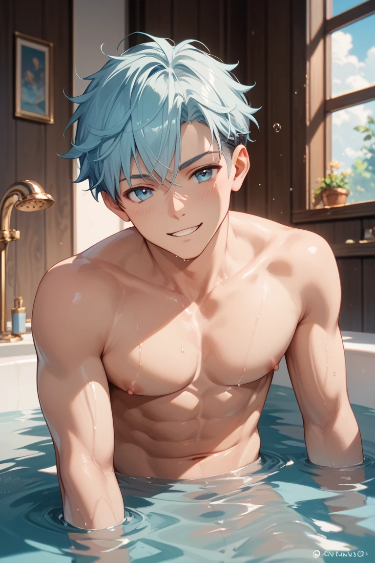 Japanese men、15 years old、Well-developed muscles and smooth skin、Fluffy, voluminous, bright green hair、Thin yellow boxer briefs、You can see the whole body from head to toe.、Smiling softly and friendly、Hero Academy、Manly posing in the bathtub