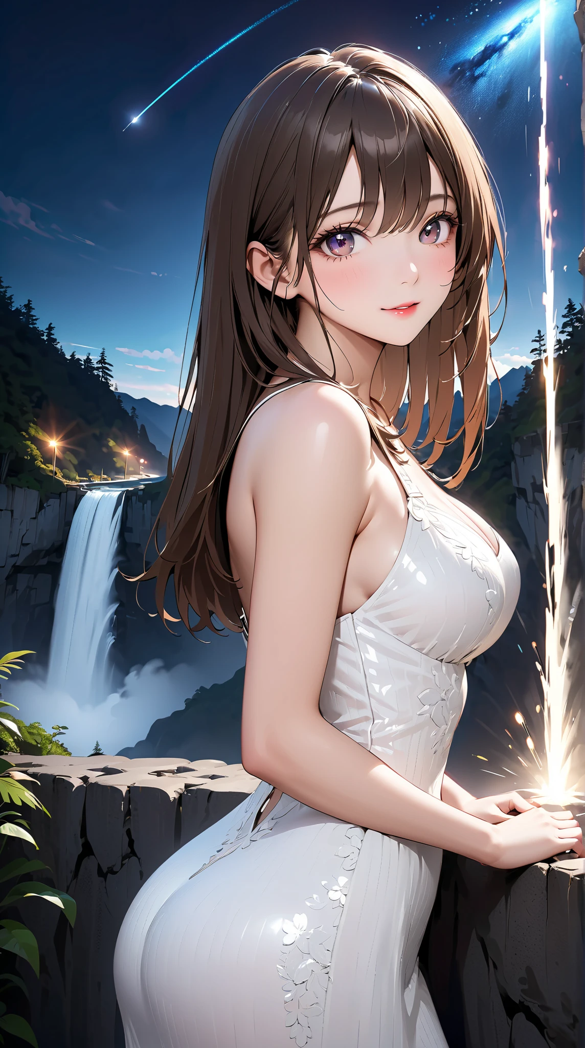 straight hair 、brown hair,((highly detailed pure white sexy dress)), Good physique , (beautiful girl: 1.3),girl around her neck,top quality,8k,Highly Detailed CG Unit Wallpaper,masterpiece:1.2,top quality, ultra high definition ,RAW photo,realistic textured skin from a vacuum cup,Cinema Lighting,enjoy,big eyes,detailed eyes,shiny lipstick,perfect makeup,super cute people, rich,(big, Round and beautifully shaped butt),(I'm standing on a cliff),(Panoramic Views),Kegon Falls,night,meteor