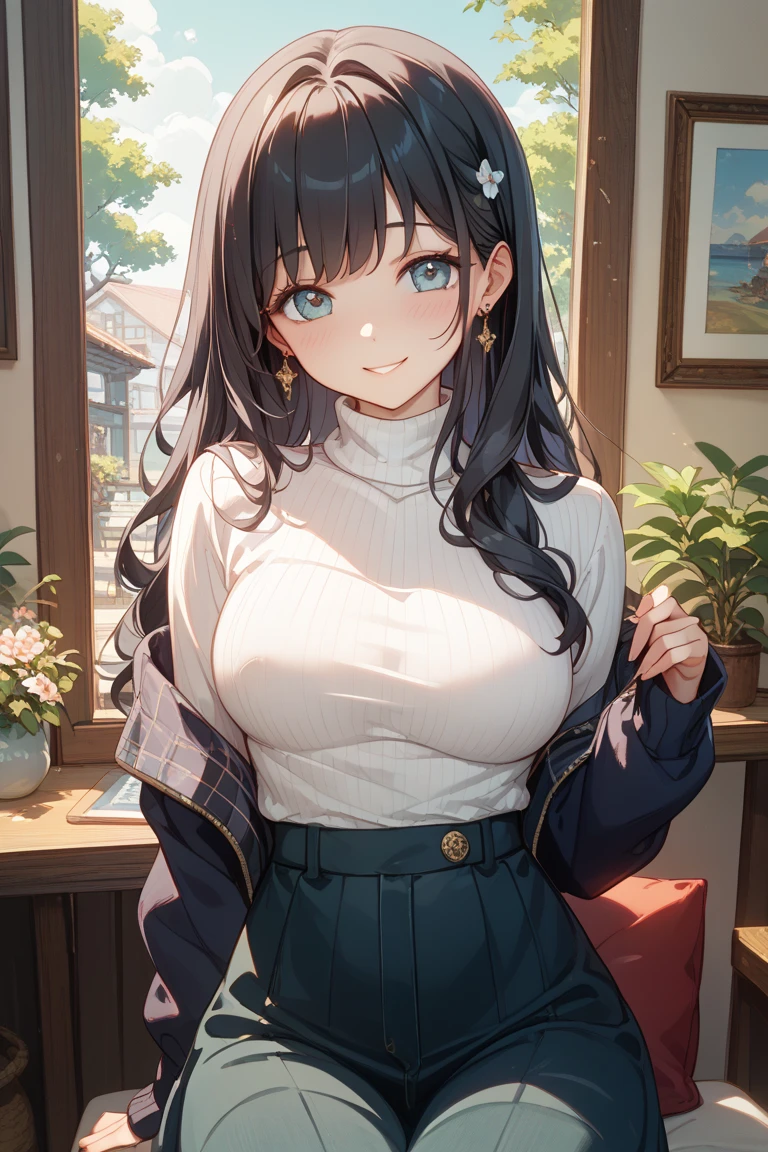 University、campus、beautiful mature woman、Upper body、knit,