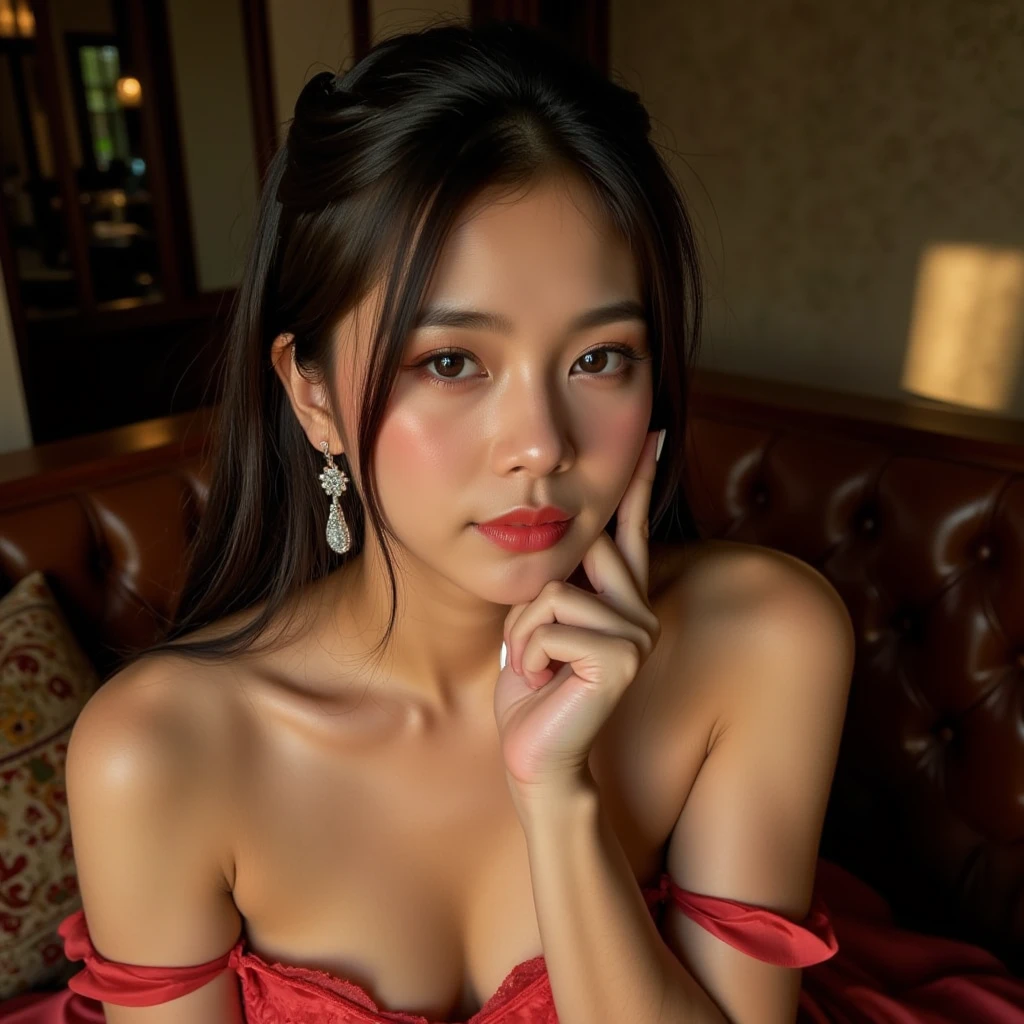 sitting on luxury red sofa, very tempting pose, (gold dress), sleeveless dress, cleavage, looking at camera, front view, long hair, bangs, (detailed face), at luxury livingroom, window, night city view, (potrait body), mouth closed, black eyes, 1 girl, 20yo,Young female,Beautiful Finger, Beautiful long legs, Beautiful body, Beautiful Nose, Beautiful character design, perfect pants, perfect face, expressive eyes, perfect balance, (looking at viewer), White skin, (masterpiece:1.0), (best_quality:1.0), ultra high res,4K,ultra-detailed, photography, 8K, HDR, highres, absurdres:1.2, Kodak portra 400, film grain, (vibrant_color:1.2),professional photograph, (Beautiful,huge_Breasts:1.4), (beautiful_face:1.5), (narrow_waist)