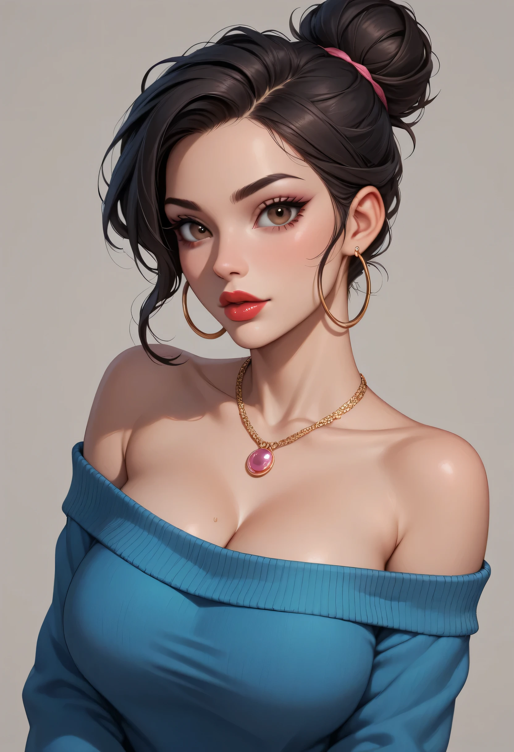 ((Perfect Face)), Black Hair, ((Hair Bun)), Black Eyebrows, Thin Eyebrows, Dark Brown Eyes, (Pink Eyeshadows), Black Eyeliners, Erring Hoop, Nose, Thick Lips, Red Lips, Lips Parted, Collarbone, Cleavage, Large Breasts, Off-Shoulders Sweater, Blue Sweater, (Looking At Viewer), Necklaces