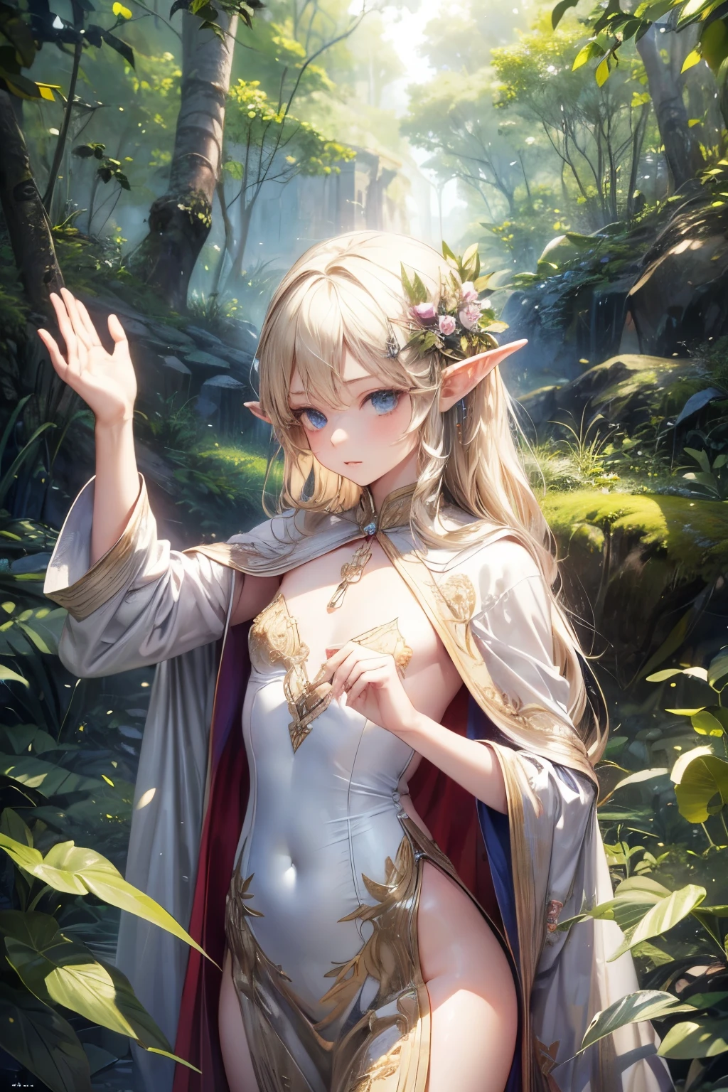 masterpiece,top quality,very detailed,photorealistic,realistic, Ultra High Resolution, masterpiece,fantasy,Elf Girl,elegant,, very long blonde,thin,Completely,slender,(flat chest),VERY CUTE, gorgeous clothes ,hair ornament,gem,embroidery,cape,Giant Trees in the Forest, correct handshake,active pose