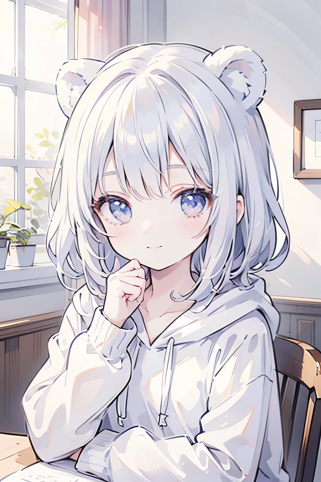 ​masterpiece,Top image quality,hight resolution,imagem 4k,Raw photo,Photorealsitic,{Solo},teens girl,Embarrassment,Silver Short Bob,stare at each other,,Blue eyes,小柄,small tits,Silver fox ears,Fox tail,boyish,Lying on the head,waking up,Sportsbra,,