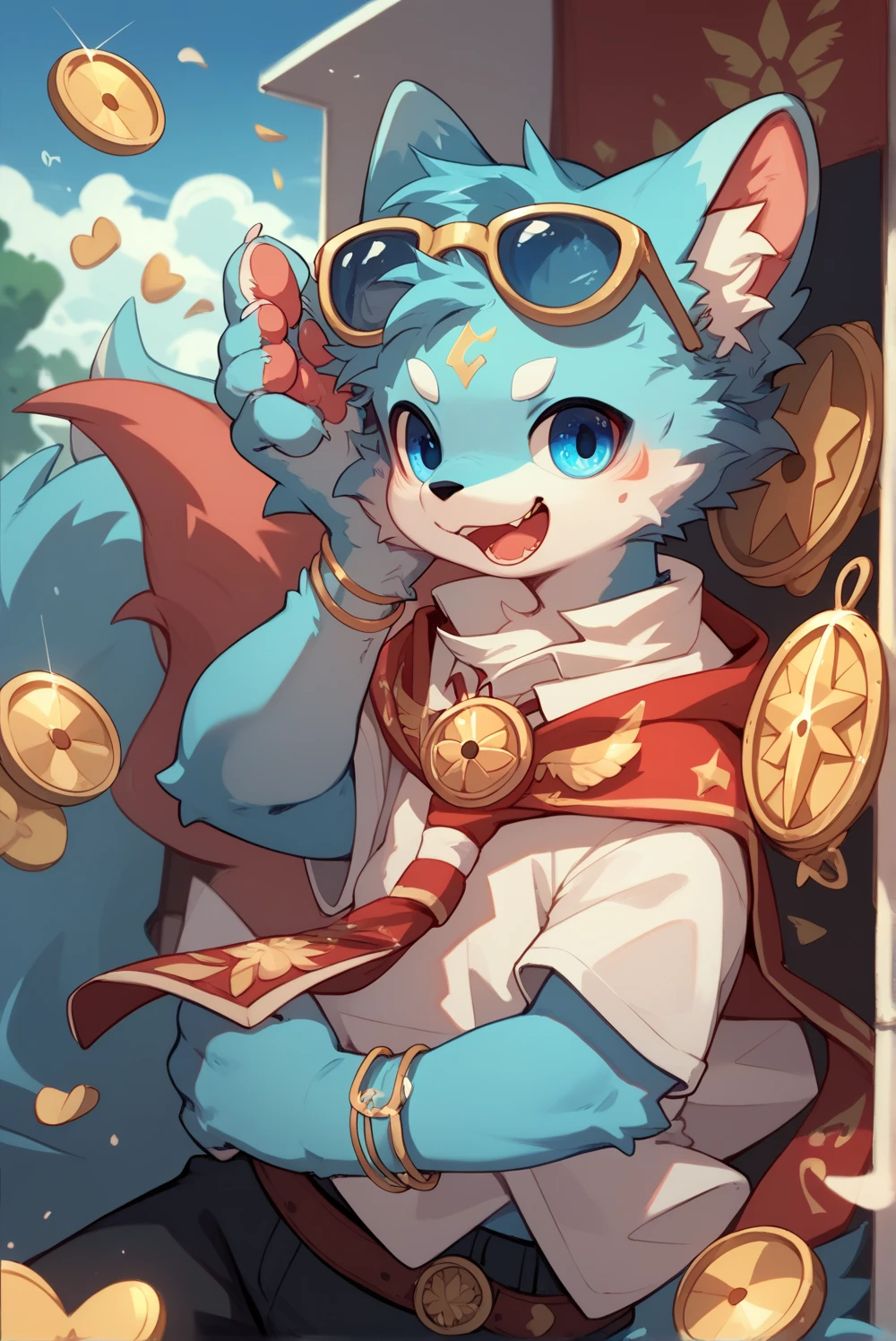 Masterpiece, High Quality Portrait, 3D Realistic CG, Dramatic Lighting, Intricate Details, Sharp Focus, 16k, Humanoid, Furry, (Cub),Young, Alone Kids Boy,, Scarf, (Happy), (Reach Out), (Outer Space Planet), (Shot by Kekitopu), Full Shot, Blue Fur, White Fur. No clothes