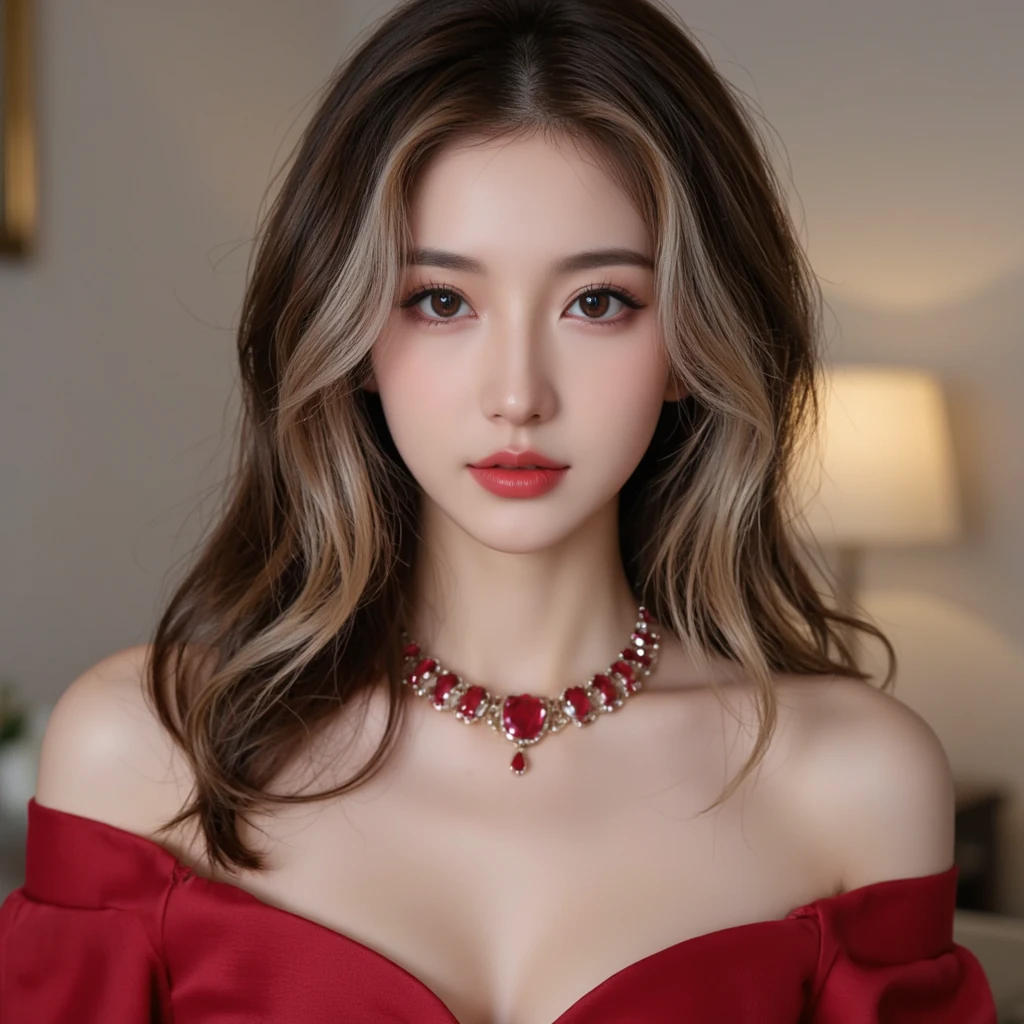 High-quality work，Realistic works，Super premium graphics，8K HD CG works，high quality graphics，High-definition and exquisite CG works，10x pixels，Ultra-fine details：1.1，Advanced technical details：1.1Realistic photo effects，Interior lighting effects：1.5，natural soft light：1.5. Light effect（Virtual light effects：1.8），Ultra-high resolution，shining dress，sliver long hair，silber hair，transparenthair，high detailed hair（Quality hair details：1.1）Clear eyes，Double eyelids look good，Sharp eye makeup, Create exquisite eyelash makeup, tthin eyebrows, Ultra-detailed eyes，a tall nose, lovely red lips, rosey cheeks, With delicate makeup on her face , pretty face, The face shape is perfectly proportioned,（Advanced facial details：1.1） (highest quality、8K、best image quality、Award-winning work)、(one young girl, 14 years old:1.3)、(red eyeshadow:1.2)、perfect makeup、long eyelashes、Super high-definition sparkling eyes、ultra high definition hair、ultra high resolution glossy lips、Super high resolution perfect teeth、Super high resolution cute face、brown hair、(very long straight hair:1.1)、look at me and smile、[clavicle]、accurate anatomy、(black background:1.5)、(((professional lighting:1.5)))、Super high-resolution glossy and moisturized face、Super high resolution glowing skin、most detailed face、Ultra high resolution detailed faces、ultra high resolution hair、Super high resolution sparkling eyes、Beautiful face drawn in every detail、Super high resolution glossy red lips、(((Fashionable necklace 1.5)))、(((full nude 1.5)))、(Photo up to the chest)、hair blowing in the wind、elegant dress、(((Holding a red rose 1.4))) ，Women's artwork，Dress full body video，Reality，Amazing Cleavage，My eyes are very bright today
