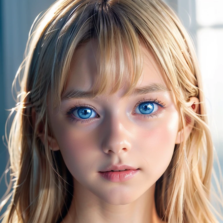 em frente a uma luz azul, beautiful girl RUSSIAN CHILD STRAIGHT HAIR , olhos brilhantes, olhos perfeitos, 10 anos. With a cross in his hand.