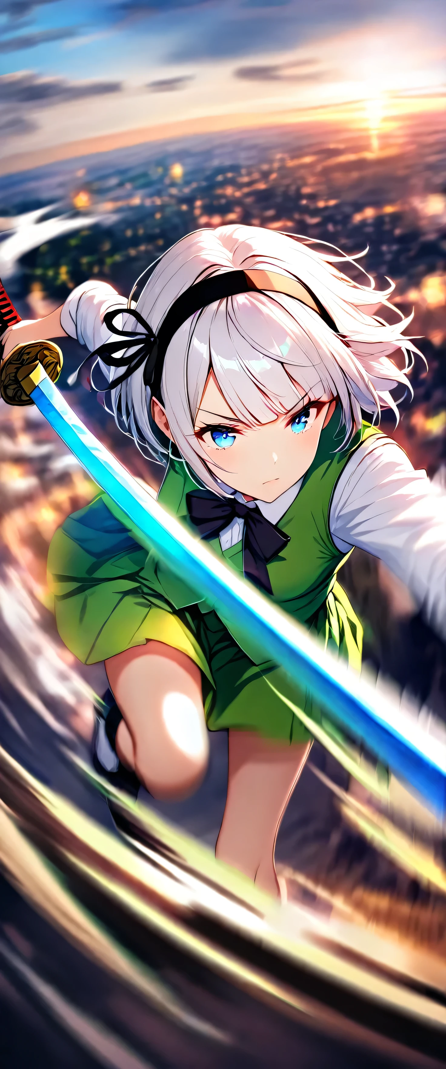 (beautiful girl: 1.3),masterpiece, Highest quality, Ultra-high resolution,rich contrast,super high quality,8k,Highly detailed CG unit wallpaper,texture,Incredibly absurd,Ultra-high resolution,RAW Photos,Depth of Field 1.2,Ultra-detailed eyes,Glowing Skin,Glitter effect,Beautiful glossy lips,Swinging down a shining Japanese sword, Conclusion, 1girl , white hair, short hair, blunt bangs, blue eyes,hair band, hair ribbon, black ribbon, black bowtie, white shirt, collared shirt, green vest, green skirt, socks,Japanese sword,overlooking,serious expression,woman with her mouth wide open and,(magnificent panorama view:1.3) ,(motion blur:2.0),(The afterimage of the Japanese sword that was swung down is a rainbow of light:1.3),ROUGH,raise a sword,Green Mountain々,sunset