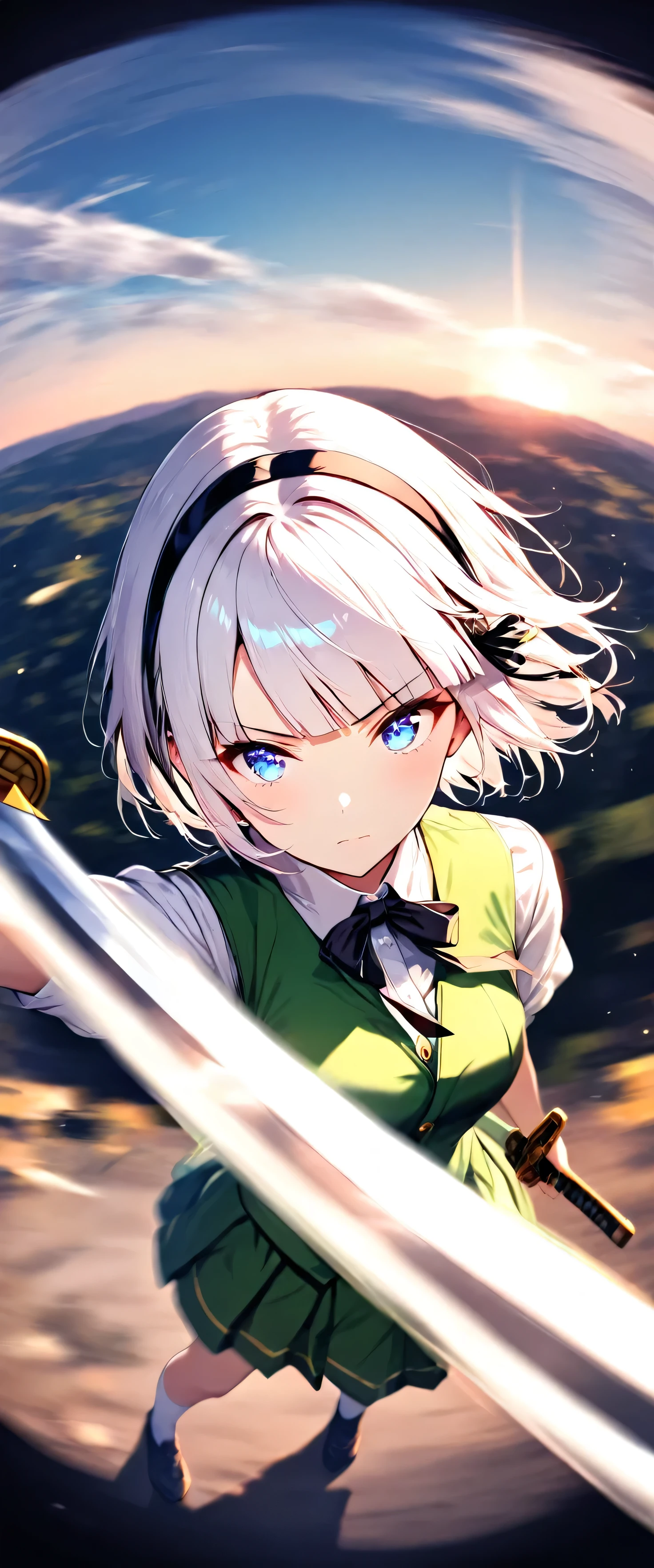 (beautiful girl: 1.3),masterpiece, Highest quality, Ultra-high resolution,rich contrast,super high quality,8k,Highly detailed CG unit wallpaper,texture,Incredibly absurd,Ultra-high resolution,RAW Photos,Depth of Field 1.2,Ultra-detailed eyes,Glowing Skin,Glitter effect,Beautiful glossy lips,Swinging down a shining Japanese sword, Conclusion, 1girl , white hair, short hair, blunt bangs, blue eyes,hair band, hair ribbon, black ribbon, black bowtie, white shirt, collared shirt, green vest, green skirt, socks,Japanese sword,overlooking,serious expression,woman with her mouth wide open and,(magnificent panorama view:1.3) ,(motion blur:2.0),(The afterimage of the Japanese sword that was swung down is a rainbow of light:1.3),ROUGH,raise a sword,Green Mountain々,sunset