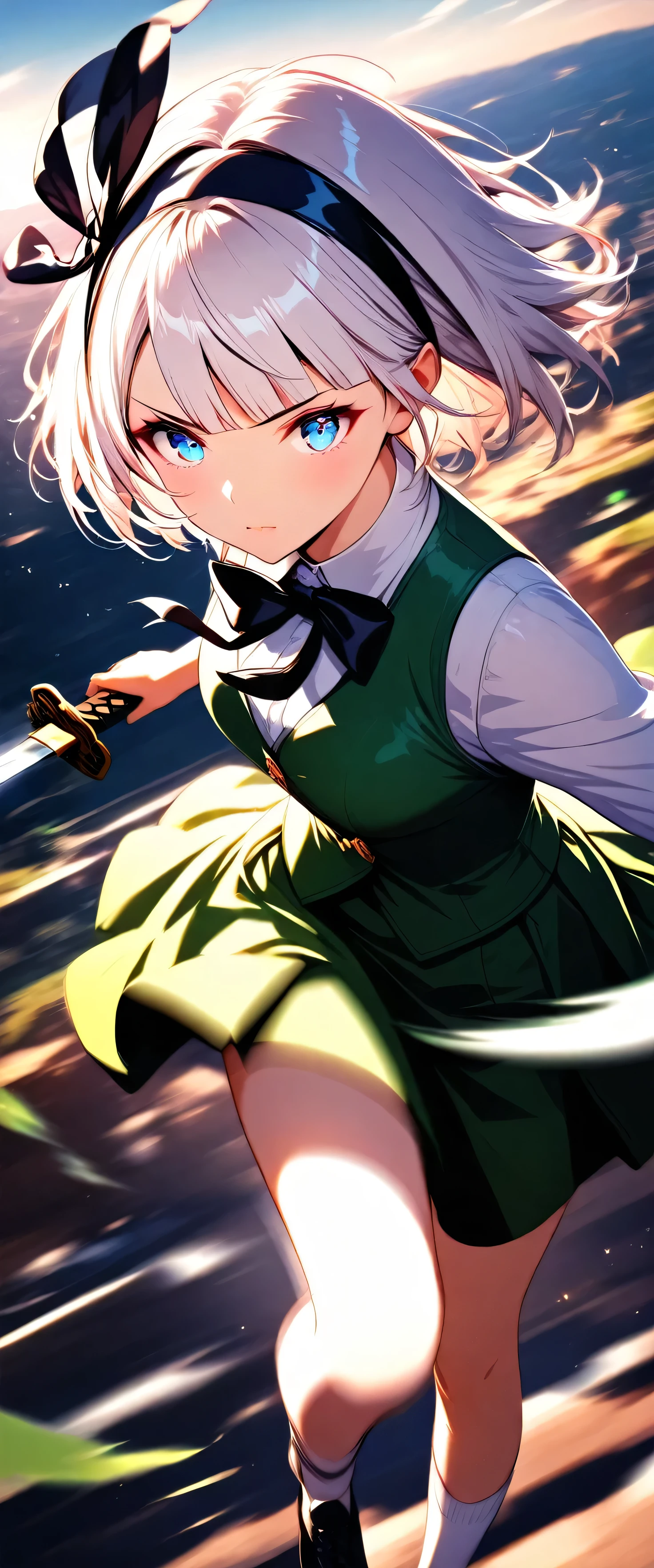 masterpiece,Please redeem,Ultra-high resolution,rich contrast,Very high quality,8k,Highly detailed CG unit wallpaper,Texture,So ridiculous,RAW Photos,anime-style illustration,professional photograph,an extremely delicate and beautiful,Depth of written boundary 1.2,(beautiful girl:1.3),Glowing Skin,Glitter effect,Beautiful glossy lips,round eyes,big eyes,Swinging down a shining Japanese sword, Conclusion, 1girl , white hair, short hair, blunt bangs, blue eyes,hair band, hair ribbon, black ribbon, black bowtie, white shirt, collared shirt, green vest, green skirt, socks,Japanese sword,overlooking,serious expression,woman with her mouth wide open and,(magnificent panorama view:1.3) ,(motion blur:2.0),(The afterimage of the swing is a rainbow of light particles:1.3),ROUGH,raise a sword,Green Mountain々,sunset