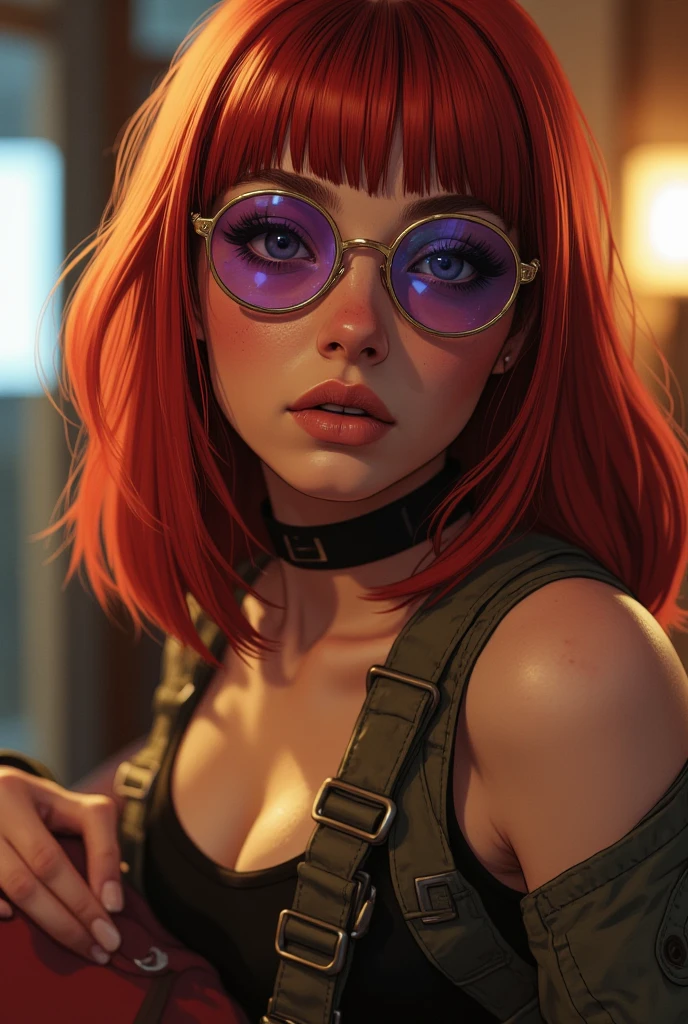 Girl, full body, 3d render, fotorealistic, red orange curly hair, very few freckles, green gray eyes, red almost crimson lips, small nose, black nose piercing, 1.73m tall, blue tight high jeans, naked torso, gothic choker, chain bra, no jacket