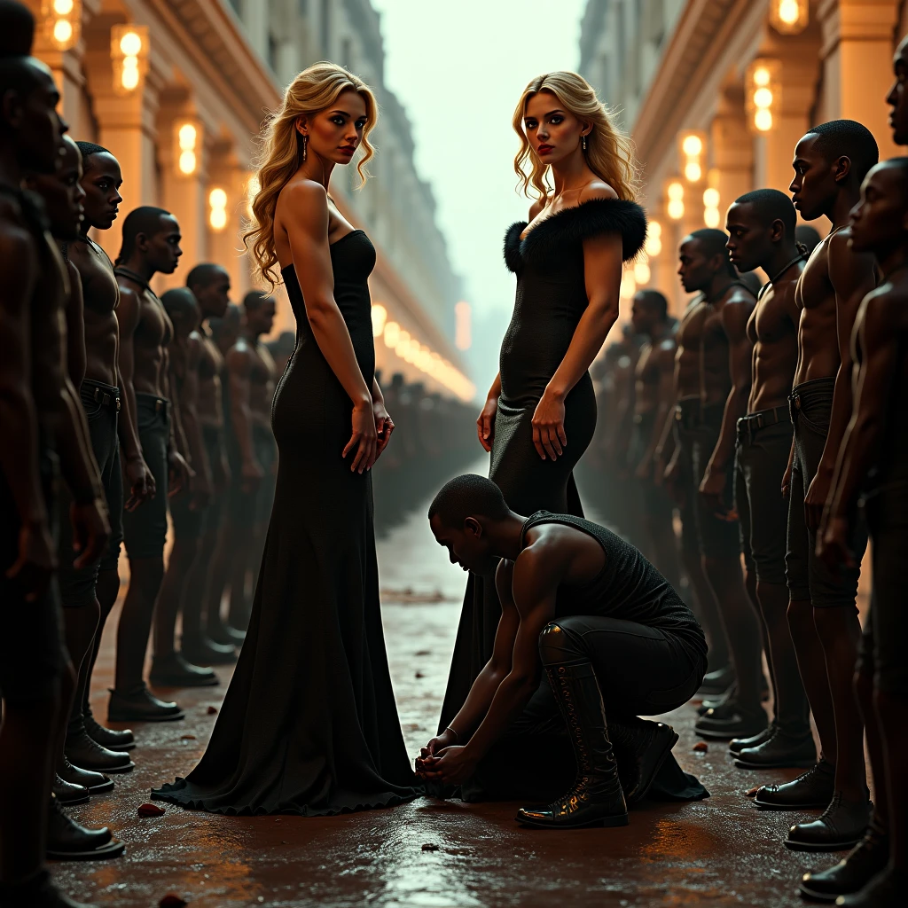 Make a white-haired, white-skinned, very thin, short woman of 1.50 , that around this is a group of tall, muscular black men with black skin, 1 meter tall.90