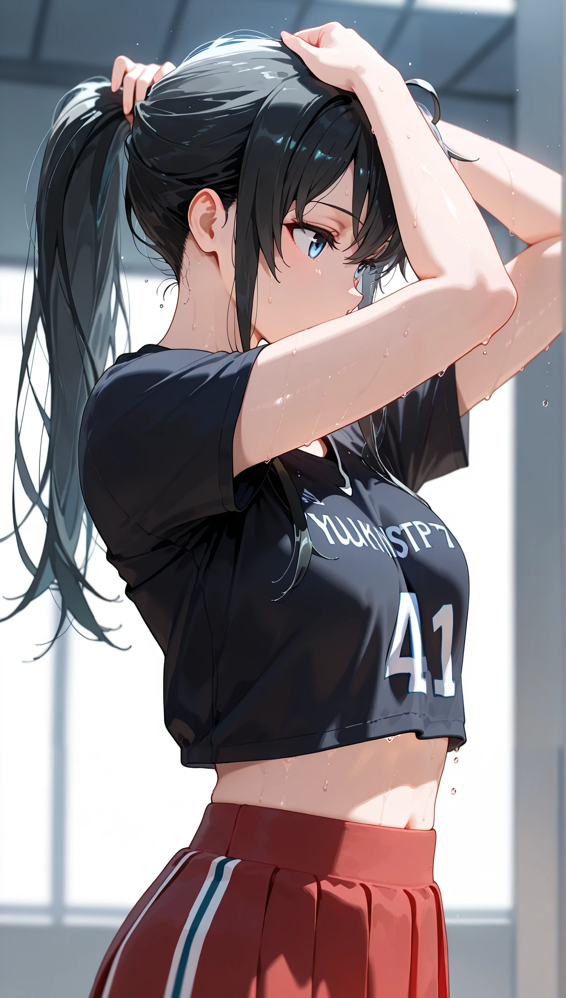 Masterpiece, Score_9, score_8_up, 8k, ultra-detailed, Ultra-high resolution, high-quality, 1girl, cute, perfect anatomy, black hair, black eyes, arms up, tying hair, arms up, sleeveless hoodie, sexy, medium breasts