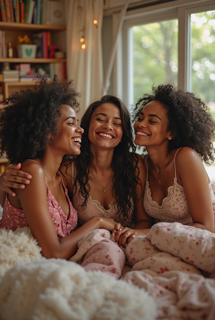 Six beautiful woman's
, sitting on bed, wearing loose off-shoulder top, pajama pants, long curly hair, indoors, soft lighting, plants in background, window with sunlight, cozy room, relaxed pose, realistic, intricate details, warm colors, by Greg Rutkowski, by Alphonse Mucha