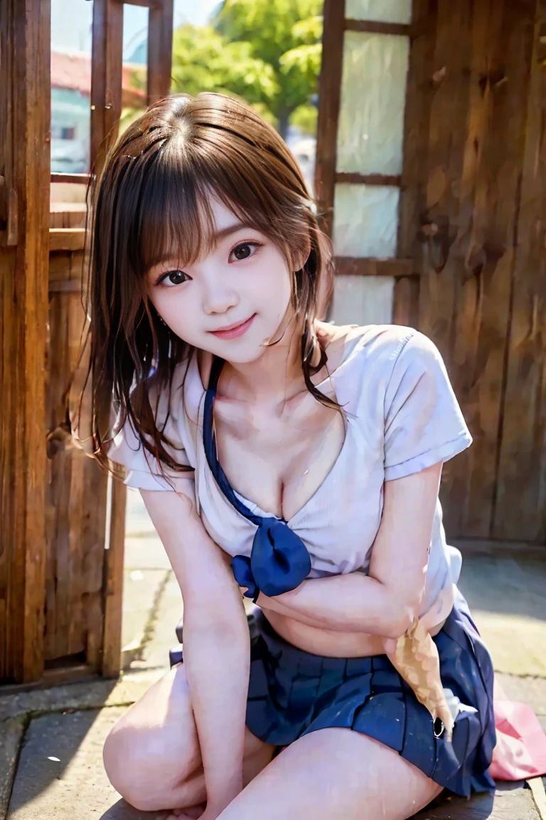 Mastepiece, Best Quality, (highest quality、8K、masterpiece:1.3)、Ultra-high resolution、Physically based rendering、(Photorealistic:1.37)、Beautiful woman with perfect body:1.4、slim abdomen:1.2、Highly detailed face and skin texture、 red cheeks、White skin、Narrow waist,Thin legs、highest quality,Very beautiful 12 year old girl, (cute:1.2),Perfect Glowing Skin,((A natural and precise hand)), Brown Hair,(Twin tails),((Full nudity))、(((Lower body nude)))、(((Sailor suit)))、(((smile)))、(((Nipples are visible)))、((Go into the river))、((The genitals are visible))、