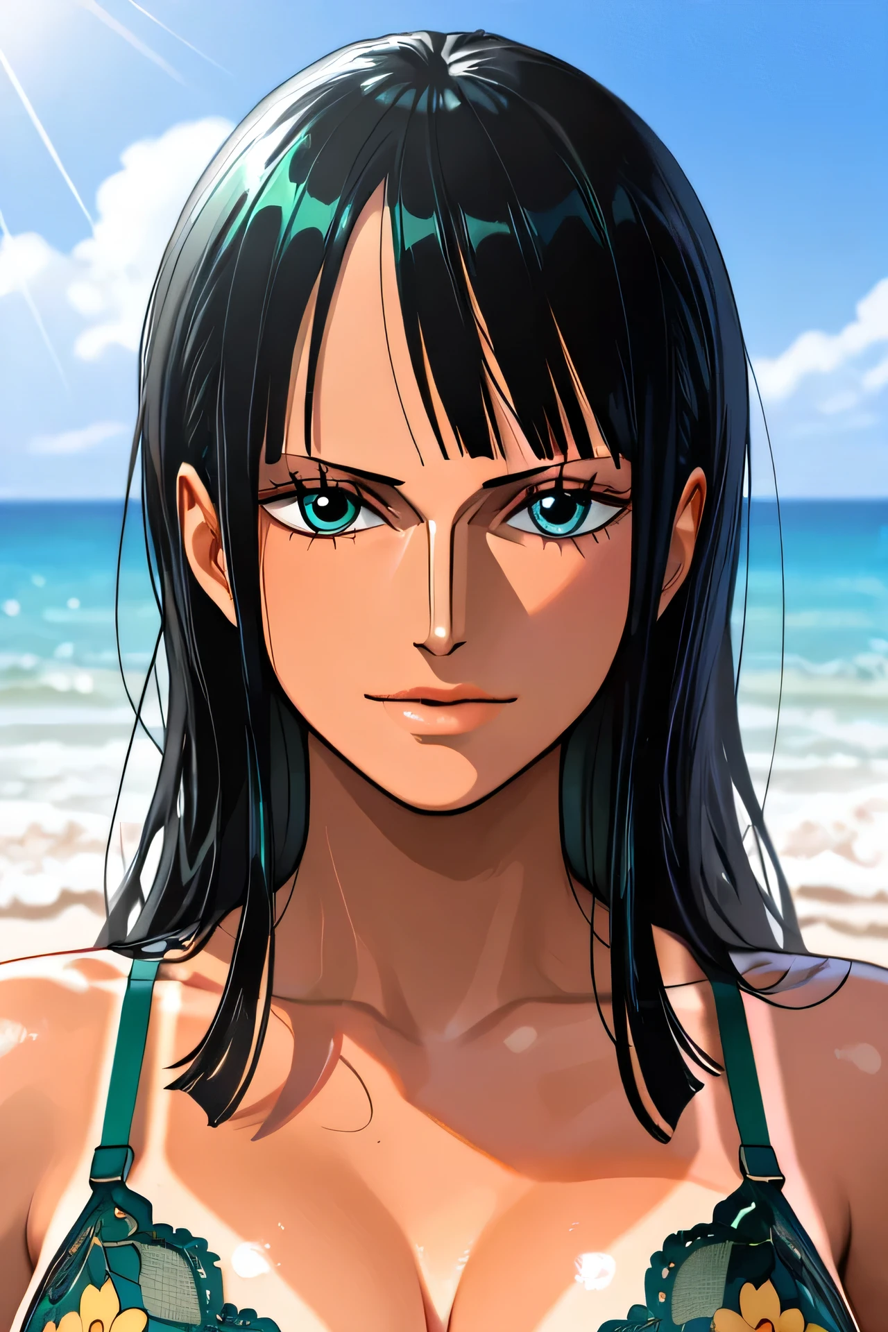 best quality, masterpiece, over the sea,1girl , ),Ultra High Definition, Unity 8k , perfect lighting, (perfect hands, perfect anatomy),
(( tanlines,dark-skinned :1.39)), Beautiful sunlight on the beach, One Piece character nico robin, long black hair, extremely beautiful, looking at the viewer, (top-quality, 8k, masterpiece:1.3)), A detailed eye, (looking at from the front), Look at the camera, ((Everything is sparkling、reflecting light:1.2)), (portrait), 1 person, nico robin ((one piece)), Beautiful woman with perfect body, Highly detailed facial and skin texture,Exposed underboob)),((Magazine cover consept:1.49))nsfw, sexy, (Deep green bra , Dark green panties,+ beautiful detail panties with colorful floral embroidery and gorgeous embroidery+:1.5), ( floral lingerie ), (nice:1.2),(race, exhaustive:1.3),( see-through:1.4), symmetrical , super detailed face , (beautiful detail eyes:1.3) , masterpiece, Highest quality,