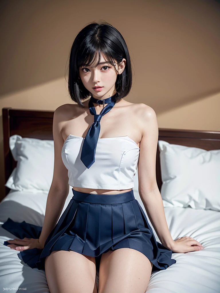 (((Spread your legs wide:1.35)))、(((school uniform:1.35)))、(((mini skirt:1.35)))、(((Pussy:1.35)))、(((Knee-high:1.35)))、(((On the bed:1.35)))、The beauty of 8K RAW photography:2.0, Japanese women, short hair, Beautiful face and dark eyes, Look down, Looking at the audience:1.5, Big smile, Wet Hair, Small Top, Show me your armpits, (Purple Swimwear:1.2), Glowing Skin, Spread your legs wide, Realistic:1.9, Very detailed, Full Body Shot:1.2, High resolution raw color photos, Professional photos, Shot by the sea, Sexy portrait of a girl