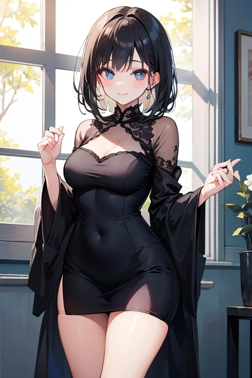 girl, white skin, short length dark brown hair tiered v cut with layers and bangs, brown eyes, soft Korean features, softly plump breasts , Wear a short black tight elegant dress