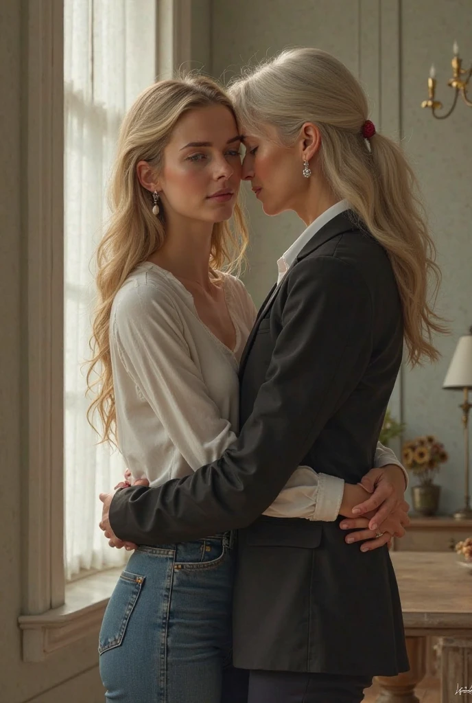 (Detailed illustrations, Very detailed and detailed drawing, Delicate lines with slow and rapid, Realistic texture expression), Two women with long blond or ginger hair, long curly hair, (((passionate kissing))), kiss, (((eyes closed))), (((closed eyes))), erotic, (((one girl is touching the other sensually and grabbing her crotch))), ((intimate)), ((hand in pants)), ((empty outside party background)), standing on a patio, ((evening)), (((very skinny figure, very thin waist, very narrow hips, very slim legs, large breast, athletic body))), (((leather pencil skirt))), belted skirt, (white blouse), ((red belt)), cleavage