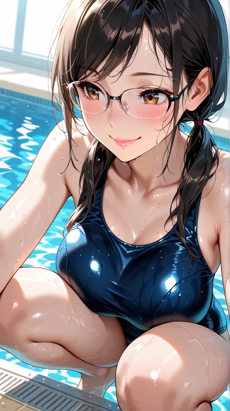 (masterpiece,Highest quality,Ultra-high resolution),Japanese women, (((Very beautiful 25 year old girl))), pretty girl、Look at the photographer、 (()), Very cute face, Glossy Lips, Double eyelids on both eyes,Natural smile、 Natural Makeup, Long eyelashes, Shiny and smooth hair、Center image, Perfect limbs, Perfect Anatomy,((Micro Bikini)))、,(Wet),,Looking Back,Pool,Glasses,Embarrassed expression