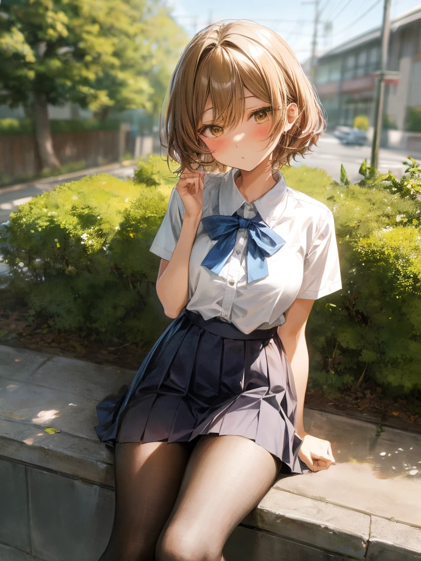 ((masterpiece, high quality, best quality, highres, ultra-detailed, 8k:1.4)), (medici filia), 1girl, solo, breasts, blush, smile, skirt, thighhighs, sitting, school uniform, black skirt, pleated skirt, necktie, shoes, solo focus, miniskirt, bench, crossed arms, crossed legs, alternate legwear, cowboy shot, cloud, blue sky, park, ((beautiful, sexy, from above, depth of field, perspective)), outdoors, straight hair