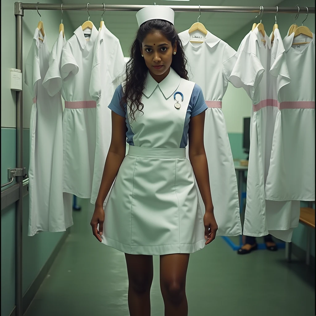 Nurse, naked from the waist down, dressed as a nurse, accidentally showing her buttocks, 30 years old, Mexican, dark skinned and slanted eyes