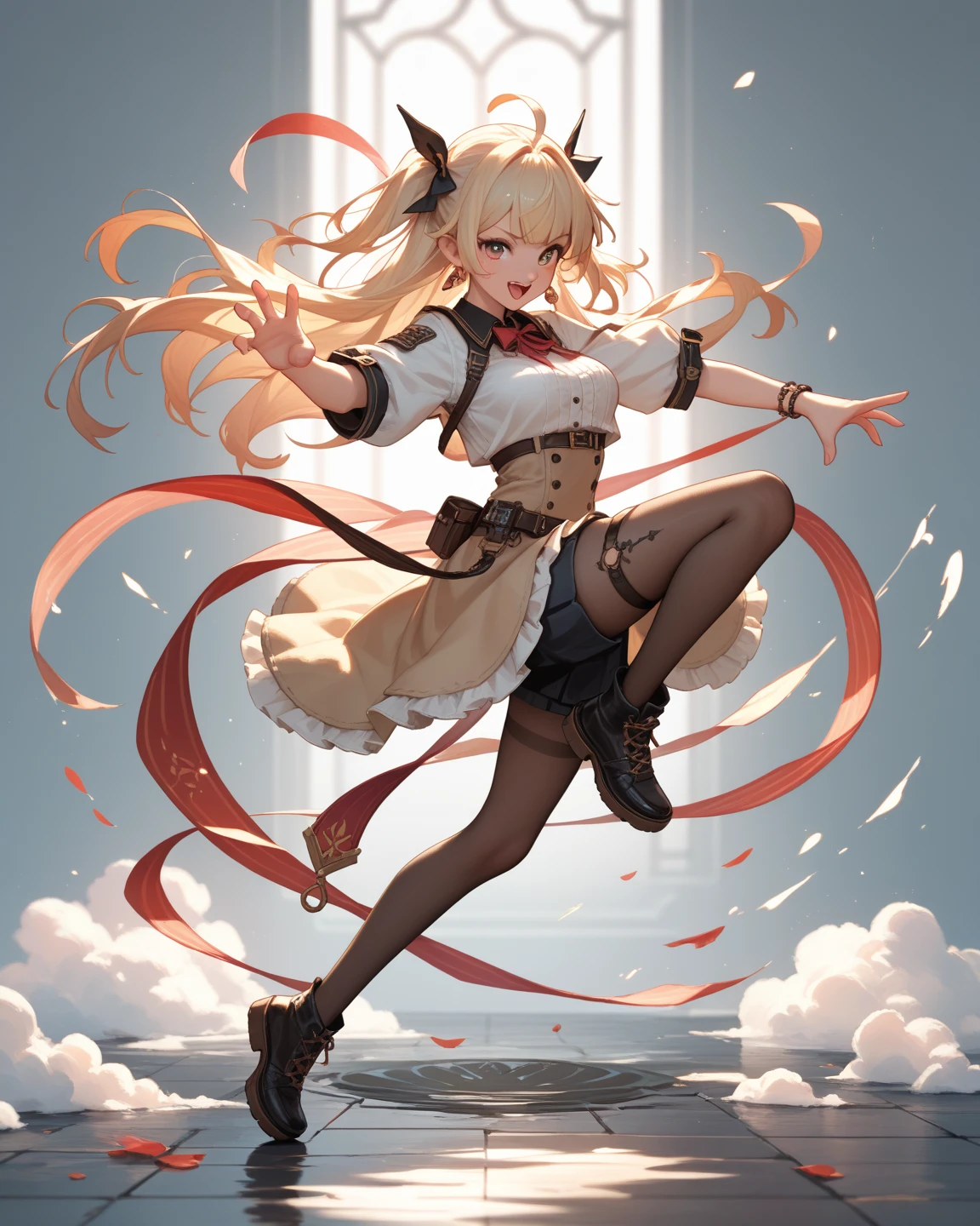 (masterpiece, best quality) detailed,silver accessories , Blonde ,elegant, pointed ears ,Chinese element pattern,White shirt,bikini,pleated skirt,pantyhose