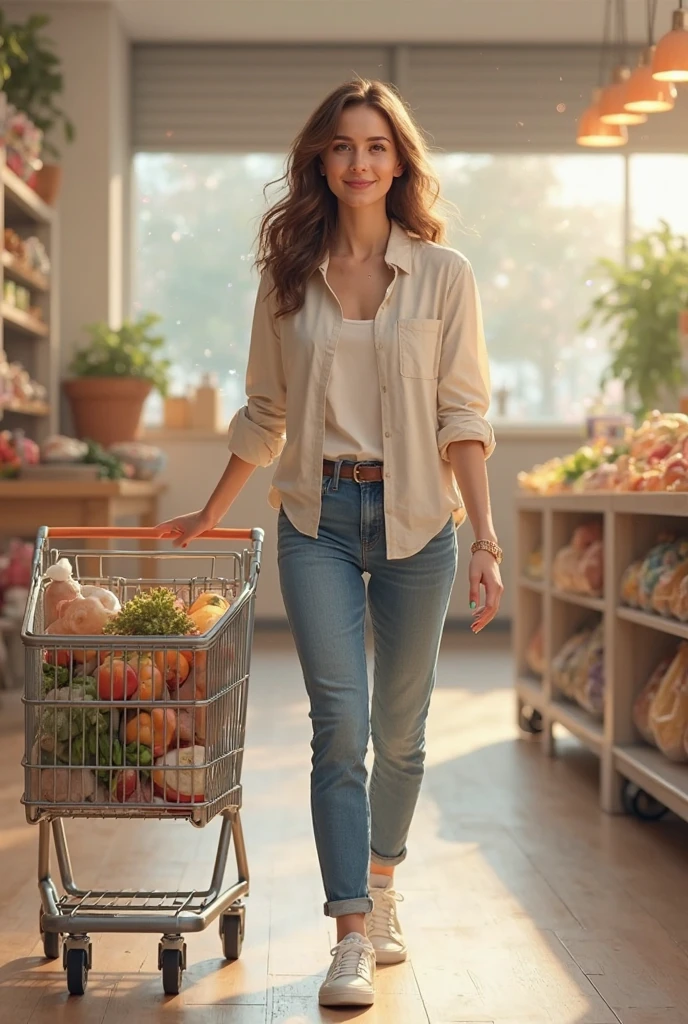 DV_Aunty_Vicious, short hair, wavy hair, brown eyes, tan skin, wearing a blue blouse, rolled sleeves, purse, jeans, belt, sneakers, looking at viewer,smiling, happy, teeth, full body shot, 
standing, inside a grocery store, cute pose, bright lighting, extreme detail, masterpiece,