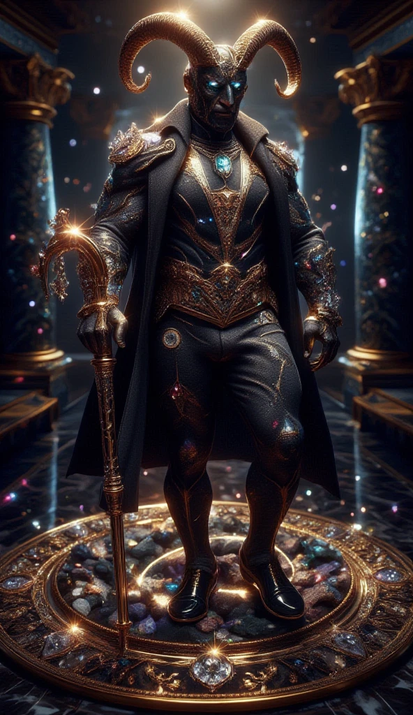 A colossal man made of polished black obsidian, with muscles sculpted like a living statue. His body is lined with brilliant fissures of gold, radiating a mystical energy. His eyes are made of precious gems, shining brightly, and small rare gems – diamonds, rubies and topaz – are embedded in parts of his body, forming natural patterns that resemble constellations.

On the top of his head, he has two curved horns of black crystal with gold details, radiating an ancient energy. Small fragments of rock float around the horns, giving him a mystical air.

He wears a textured black suit of high tailoring, with gold metallic details on the edges, simulating mineral veins. His vest is dark gray with silver details. He wears black leather gloves and impeccably polished black leather shoes. An 18k gold chain is attached to the vest, with a pendant of the Capricorn symbol.  He holds a titanium and gold cane, the top of which is carved into a stylized goat’s horn.

The catwalk follows the same luxurious and imposing pattern as the other signs, with a polished black marble floor reflecting the surrounding lights. Fragments of stone float around him and recombine as he walks. Beams of cold light descend from above, illuminating his obsidian body as if he were being revealed by fate itself.

In the center of the catwalk carpet, the symbol for Capricorn is embroidered in gold thread, shimmering as the light reflects off its luxurious surface.

The Capricorn Man’s presence is imposing and majestic, each step echoing as if shaping the very earth beneath his feet.