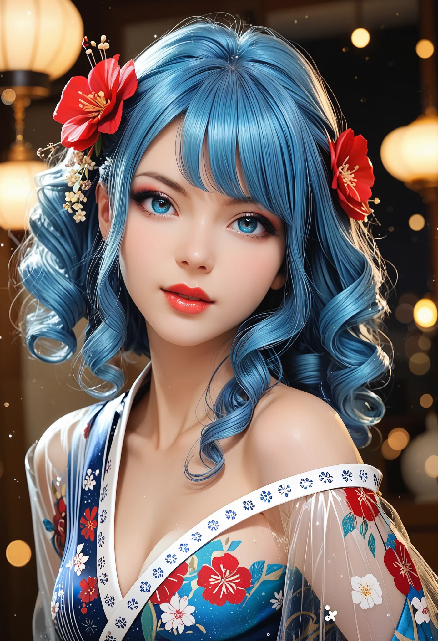 Adult European woman, posing for a photoshoot,in a Japanese osen, BREAK wearing a tight and see-through kimono with flowers pattern, Bare shoulders, a Sakura flower in hair, BREAK (long cyan blue hair), (curly hair), stunningly beautiful, (red lips and make-up giving her a gothic look ), dark eyeshadow visible on her eyelids and eyeliner on her eyes, very long eyelashes, perfect body (dark make-up:1.3), masterpiece, semi-realistic artwork,light particles, ultra detailed illustration, high definition, very bold and vivid colors, best quality, volumetric lighting,"best quality," masterpiece",ultra realistic, high-quality details