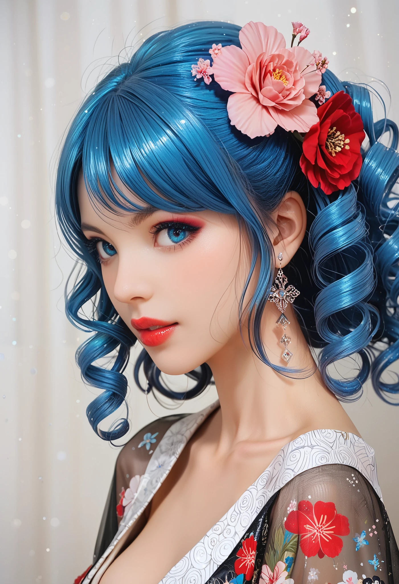 Adult European woman, posing for a photoshoot,in a Japanese osen, BREAK wearing a tight and see-through kimono with flowers pattern, Bare shoulders, a Sakura flower in hair, BREAK (long cyan blue hair), (curly hair), stunningly beautiful, (red lips and make-up giving her a gothic look ), dark eyeshadow visible on her eyelids and eyeliner on her eyes, very long eyelashes, perfect body (dark make-up:1.3), masterpiece, semi-realistic artwork,light particles, ultra detailed illustration, high definition, very bold and vivid colors, best quality, volumetric lighting,"best quality," masterpiece",ultra realistic, high-quality details