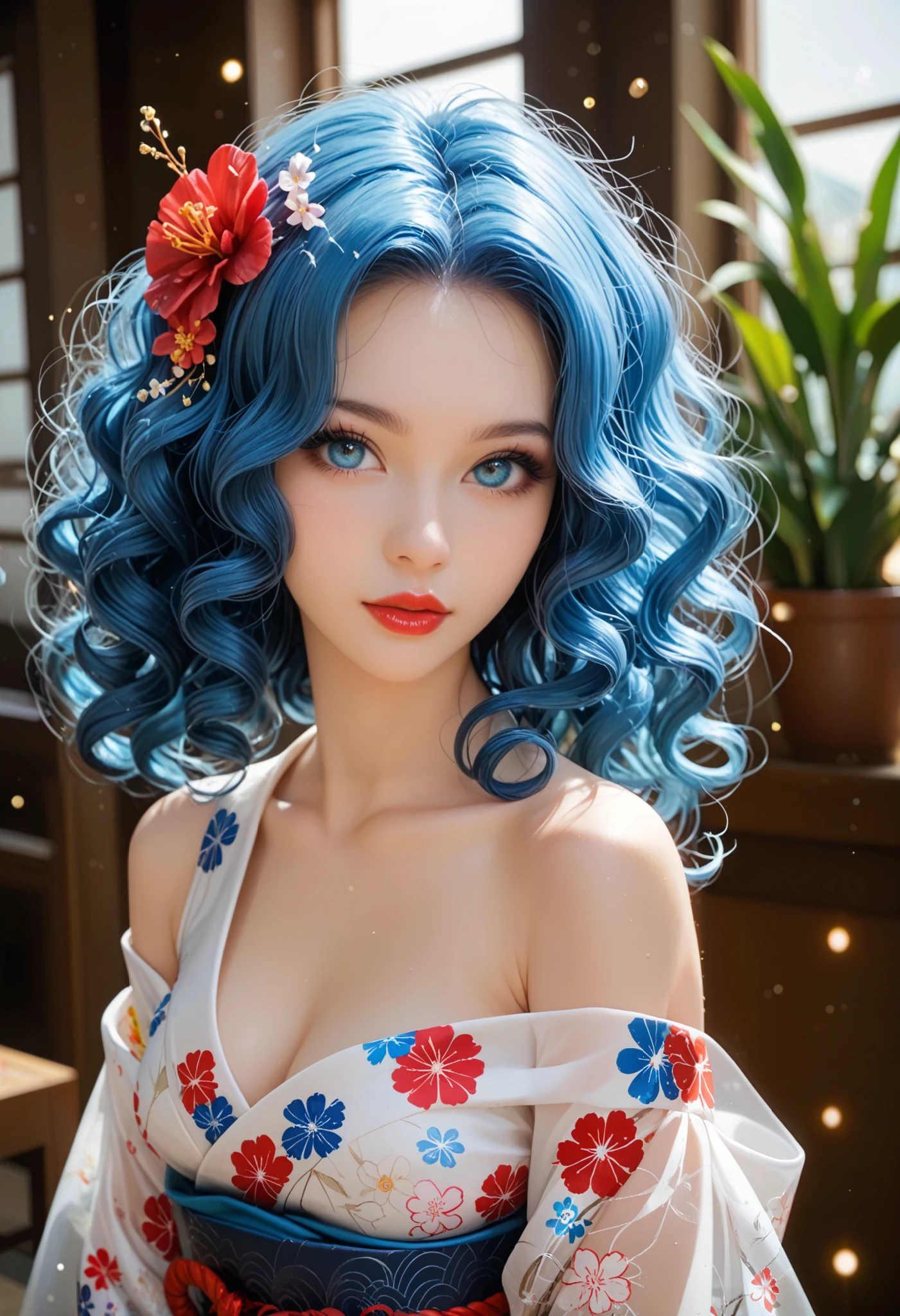 Adult European woman, 40 year old woman , posing for a photoshoot,in a Japanese osen, BREAK wearing a tight and see-through kimono with flowers pattern, Bare shoulders, a Sakura flower in hair, BREAK (long cyan blue hair), (curly hair), stunningly beautiful, (red lips and make-up giving her a gothic look ), dark eyeshadow visible on her eyelids and eyeliner on her eyes, very long eyelashes, perfect body (dark make-up:1.3), masterpiece, semi-realistic artwork,light particles, ultra detailed illustration, high definition, very bold and vivid colors, best quality, volumetric lighting,"best quality," masterpiece",ultra realistic, high-quality details