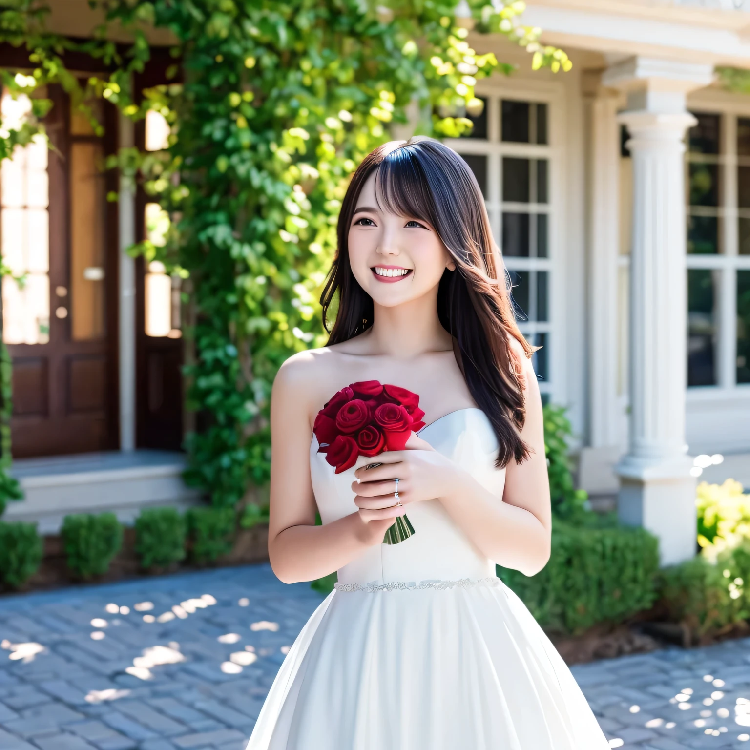 A breathtakingly beautiful 20-year-old woman stands in the courtyard of a luxurious mansion beneath a clear blue sky. She wears a white and blue wedding dress, holding a red bouquet gracefully in front of her chest. Her radiant smile and joyful expression exude pure happiness. Long hair, black hair, dark eyes.