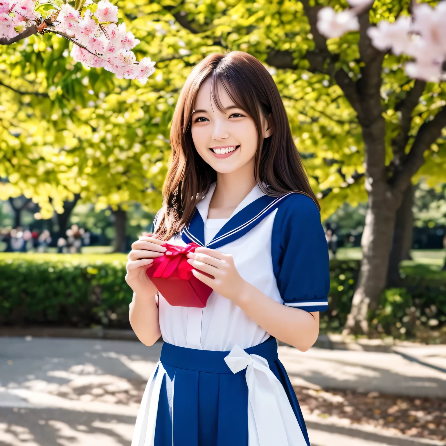 A breathtakingly beautiful 20-year-old woman stands in a lush park filled with cherry blossoms in full bloom beneath a clear blue sky. She wears a classic sailor uniform and gently holds a small, neatly wrapped gift box adorned with a red ribbon. Her radiant smile and joyful expression convey heartfelt happiness. Long hair, black hair, dark eyes.