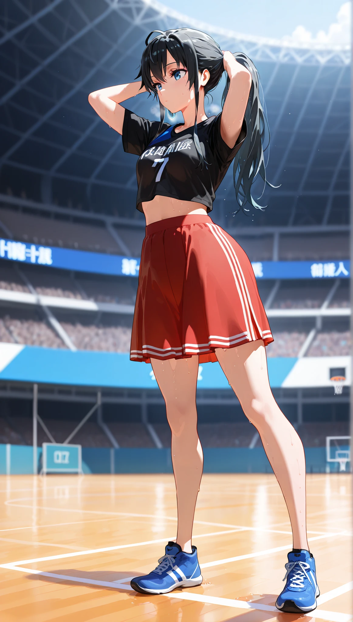 Masterpiece ,best quality , high resolution , ultra detail , colorful , (1 girl solo:1.38) , (Misato katsuragi) , (black eyes, ponytail , purple hair, medium_long_hair, make up, necklace, tall, slim body,) , (wear baseball hat , belly , navel , sport top , sport short , stockings ) , (arms behind back . hands behind back) , (cleavage:1.15) , (big breast:1.1) , (face view , look at view , from behind , back view , head back , looking back ) , (outdoor , Baseball field,race,streamers,victory,celebrate) , (standing , Legs , thighs , cowboy shot) , ( full face blush , shy , smile , open mouth)