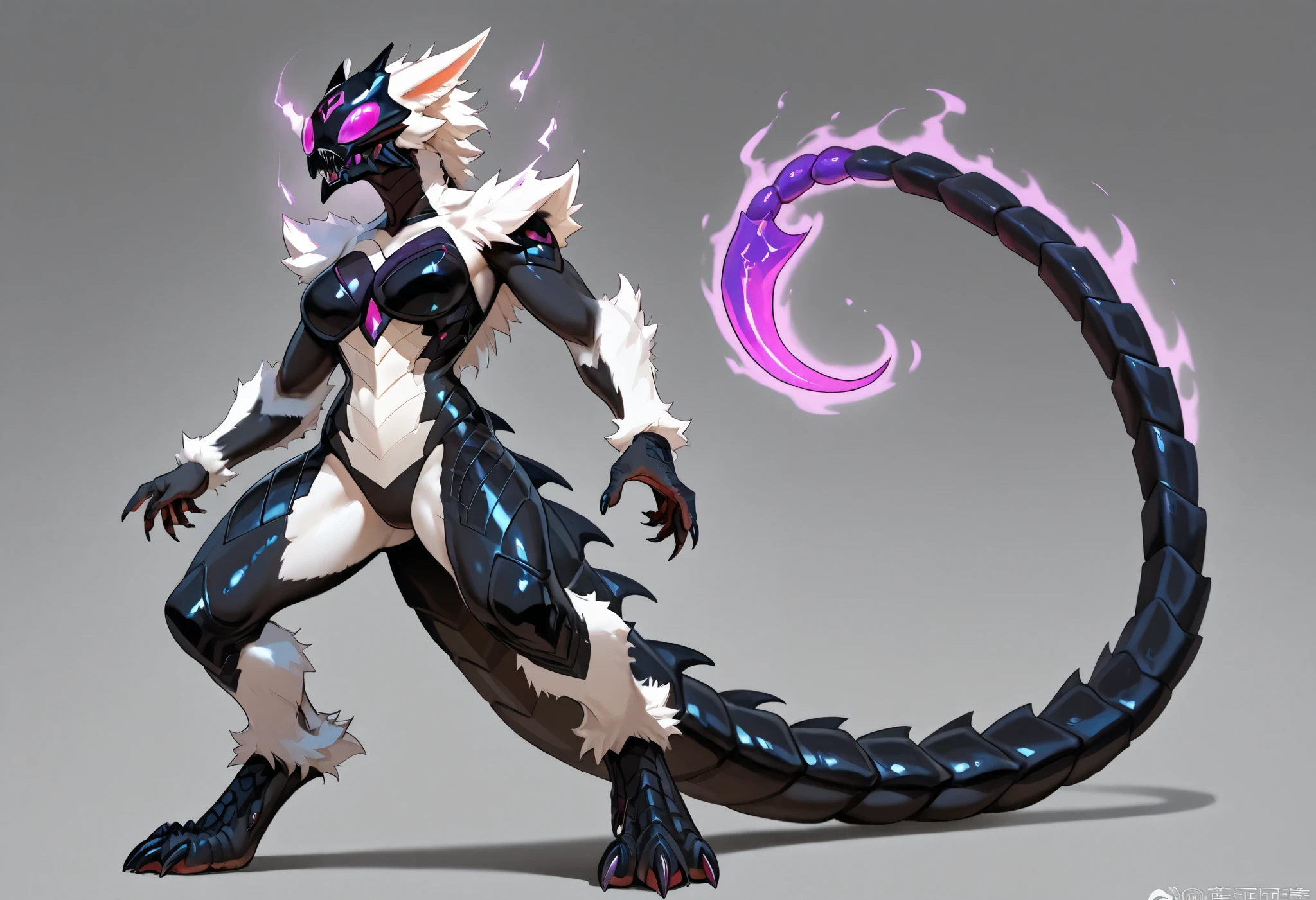 Female Dragon. scorpion element. furryfemale. White fur. Black carapace. Compound eyes on the forehead. Scorpion's tail. A poisonous aura. anime style.
