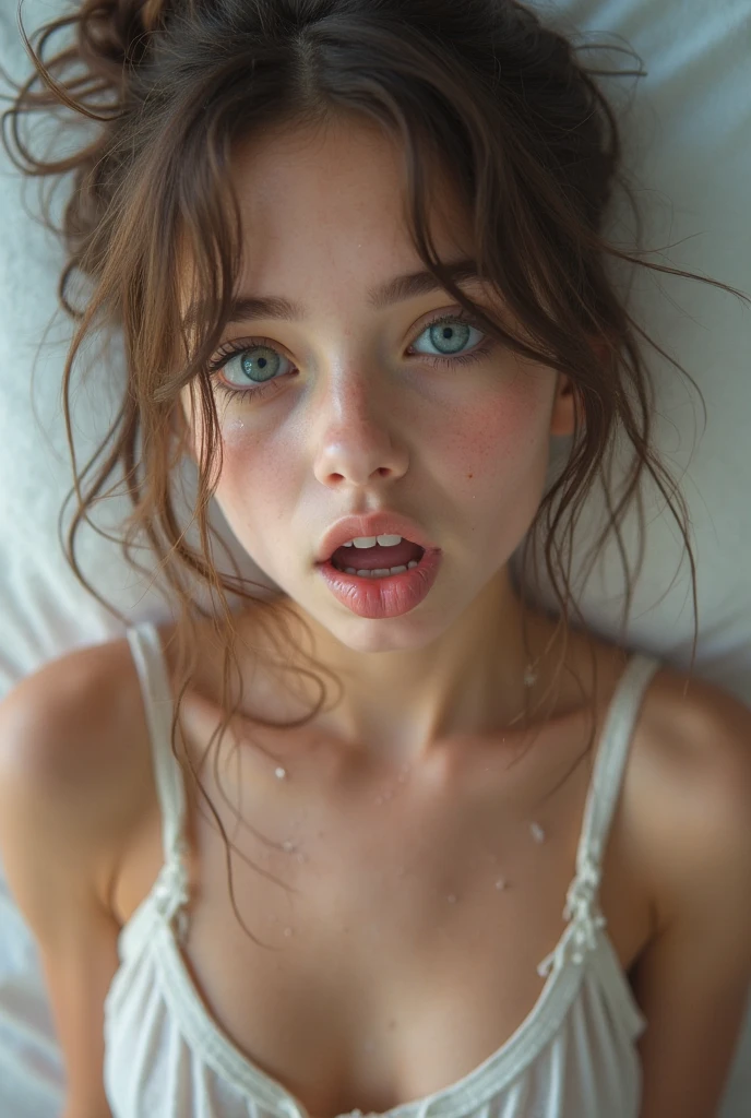 woman, ((Masterpiece, best quality)), detailed skin, highly detailed, cinematic lighting, ultra realistic, blush, looking at viewer, jane porter, jane from tarzan, disney, brown hair, blue eyes, long hair, portrait, kneeling, big breasts, cleavage, cum on face, ahegao face, wild scenery