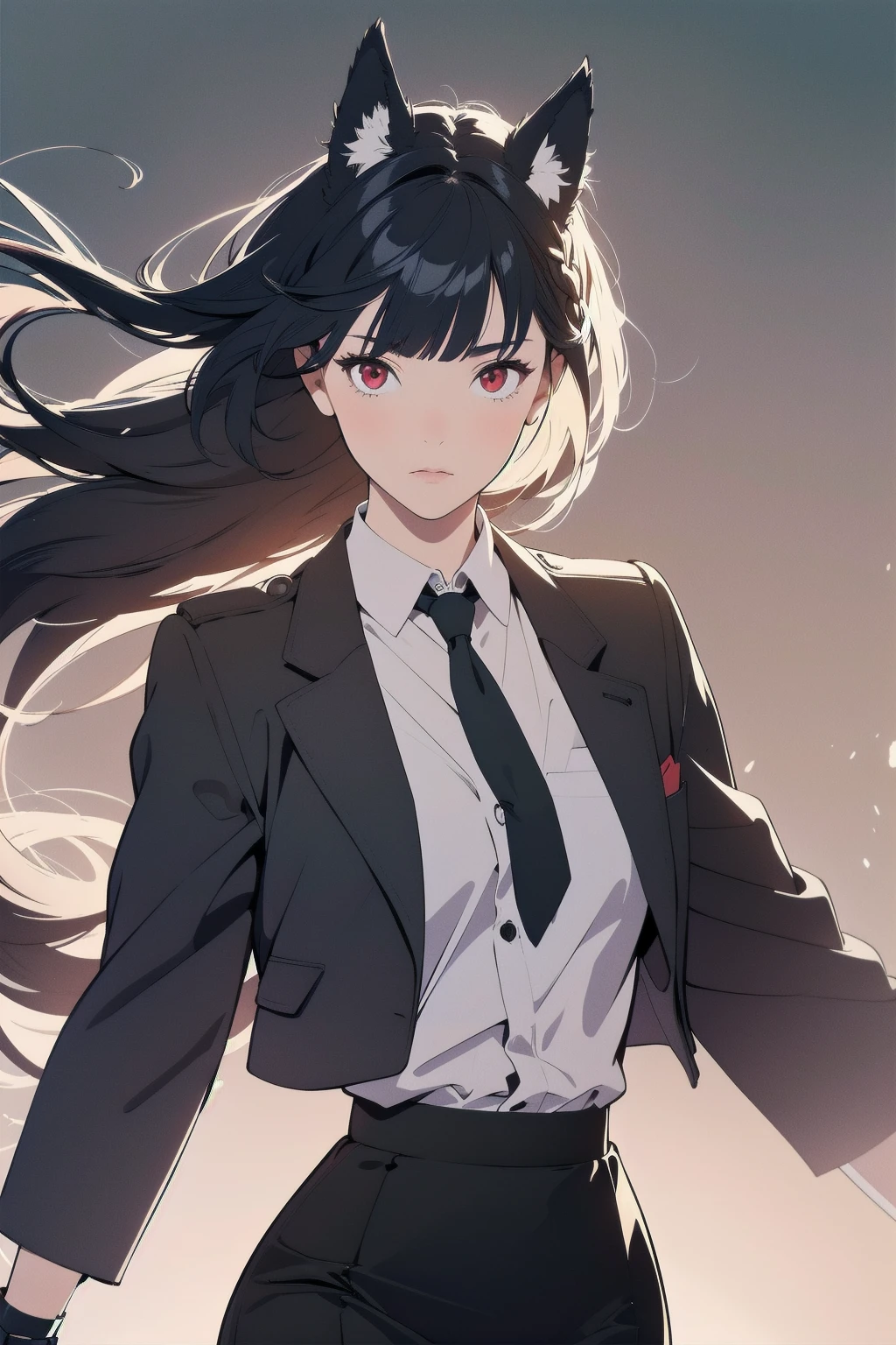 beautiful, white-skinned woman, business suit, long black hair, black eyes, looking at viewer, red background, intricate details, hyperrealistic, 8K, octane render, chiaroscuro lighting, cinematic composition, dramatic atmosphere, digital art