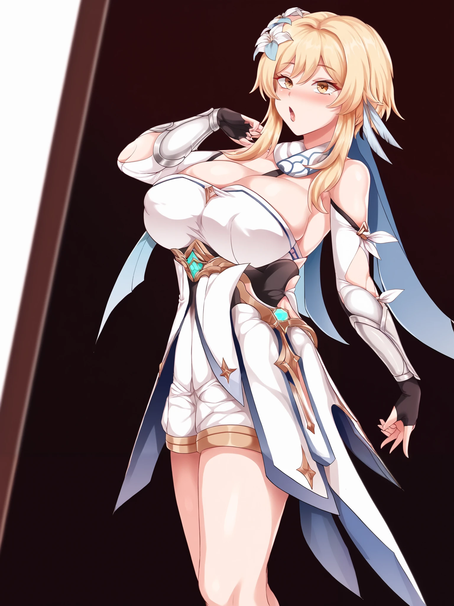 Lumine(genshin impact), big breasts ,Standing picture, Extacy, flattering face, erection of the nipple, wearing clothes,female fall