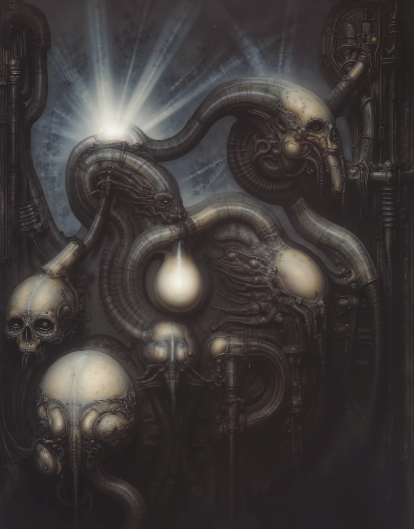 Please reproduce the original image as accurately as possible, capturing the intricate details of the biomechanical structures, the dramatic lighting, and the overall sense of unease. Find and enhance depiction of Giger's demons and creatures.(best quality:1.4). Use DARK BLACK COLORS.The final image should evoke the same sense of awe and dread as the original artwork by H.R. Giger,, (best quality:1.4), H.R. GIGER, BY GIGER, a mural depicting a antient dark god with dark powers connected to death and darkness, tendrils stretch from there fingertips, monsters lay at there feet, it is the mother of monsters, she feeds the monsters via tentacles on her fingertips, mother of all monsters, codex, her eyes shine, golden details, she feeds monsters, symmetrical, perfect, evil, darkness,