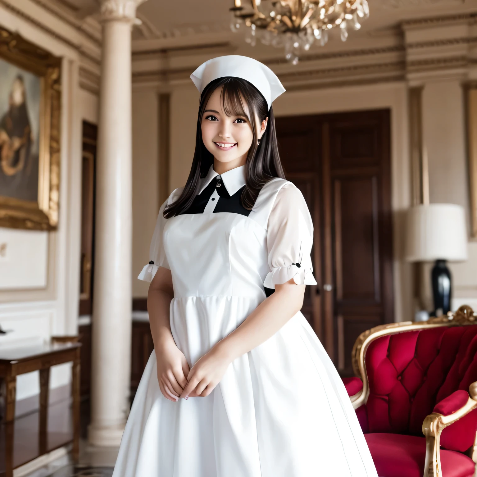 A breathtakingly beautiful 20-year-old woman stands in an opulent mansion room, dressed in a classic black-and-white maid outfit with a short hem and a white brim cap. Her confident smile radiates warmth. The room features elegant furnishings and decor befitting a grand estate, bathed in soft, natural lighting that enhances the sophisticated ambiance. Long hair, black hair, dark eyes.