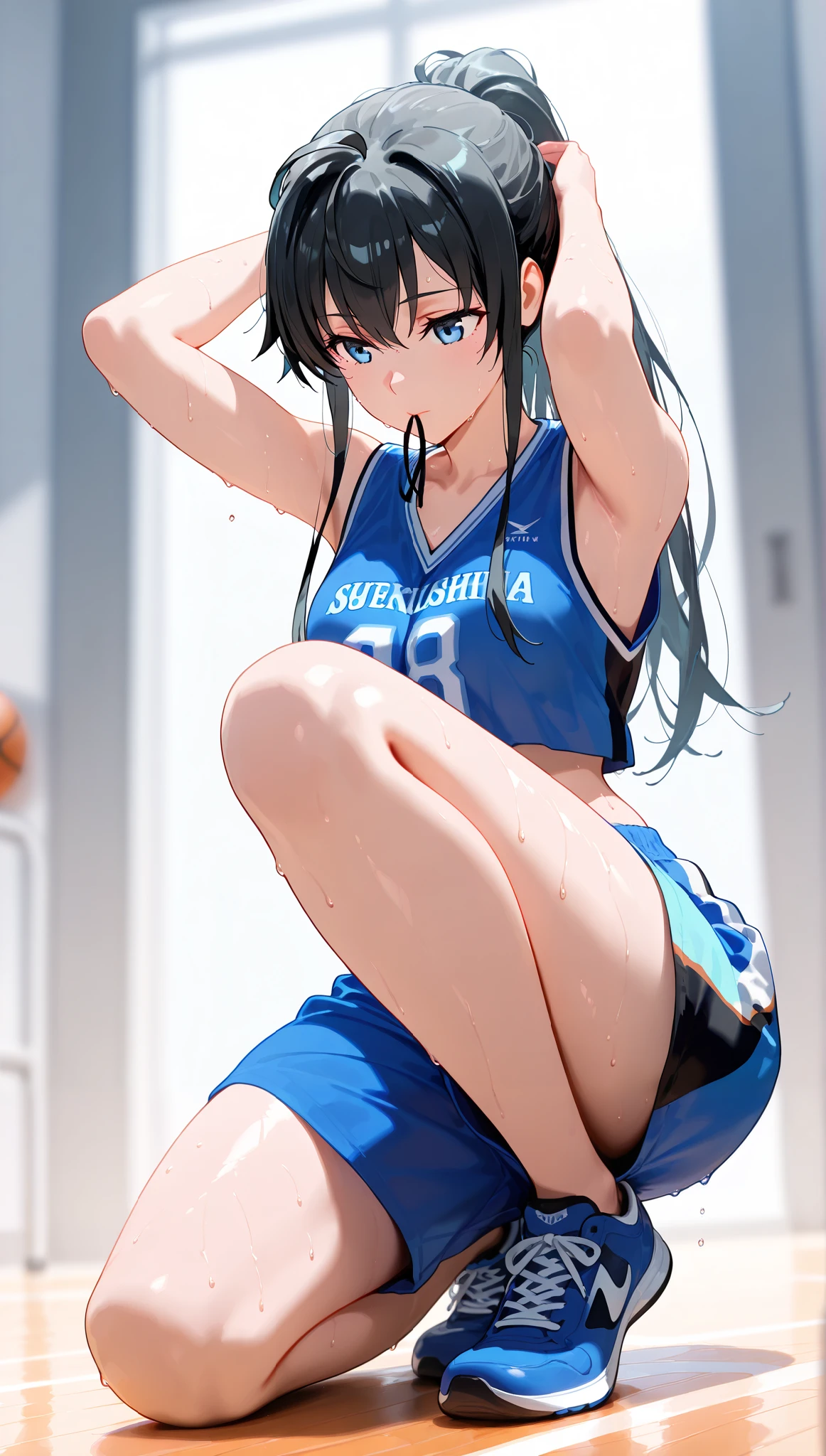 14 year old girl playing tennis、Tennis wear、茶色🤎髪型、Red Eyes、Wet with sweat all over the body、