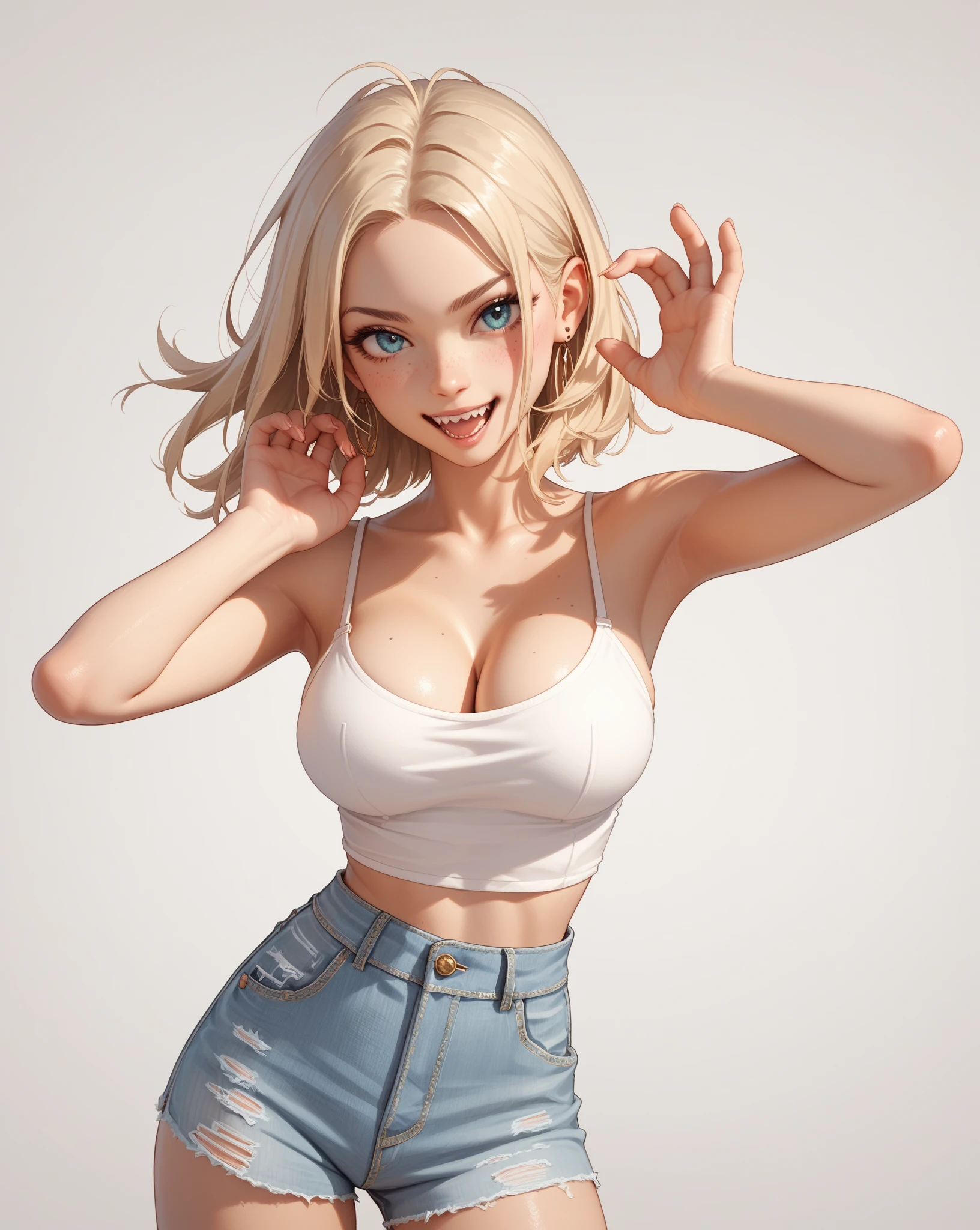 (masterpiece, best quality) detailed, dmarci, 1girl, solo, black shorts, silver accessories, denim jacket, blonde, elegant, pointed ears, casual posture, smiling, large breasts, looking at viewer,