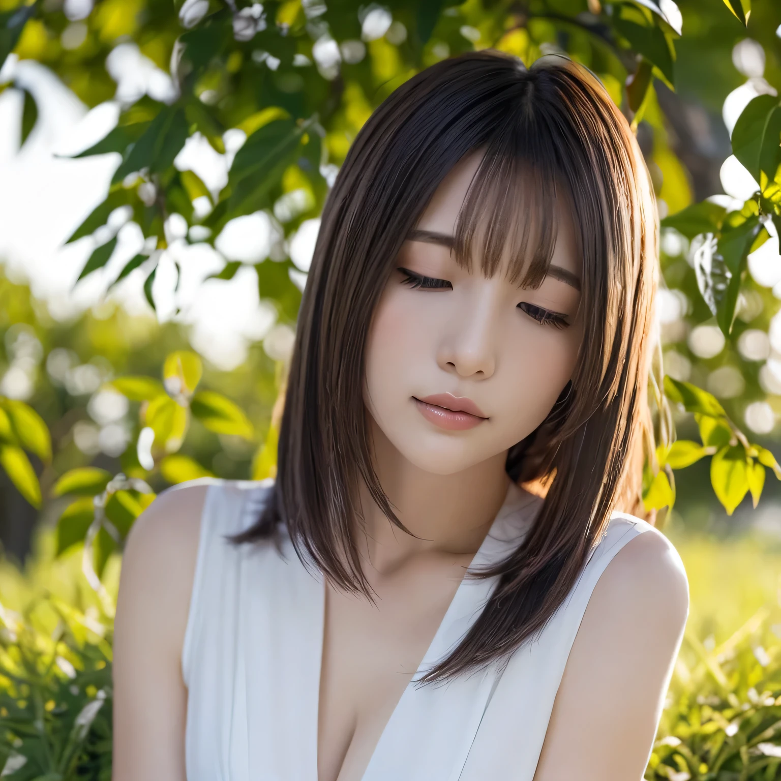 A breathtakingly beautiful 20-year-old woman stands in a lush green park at sunset, bathed in the warm golden light of the evening sun. Facing forward, her eyes gently closed, cheeks slightly flushed, and her face tilted upward as if anticipating a kiss, she embodies serenity and romance. The soft hues of the sunset complement the tranquil surroundings, enriching the dreamy atmosphere. Long hair, black hair, dark eyes.