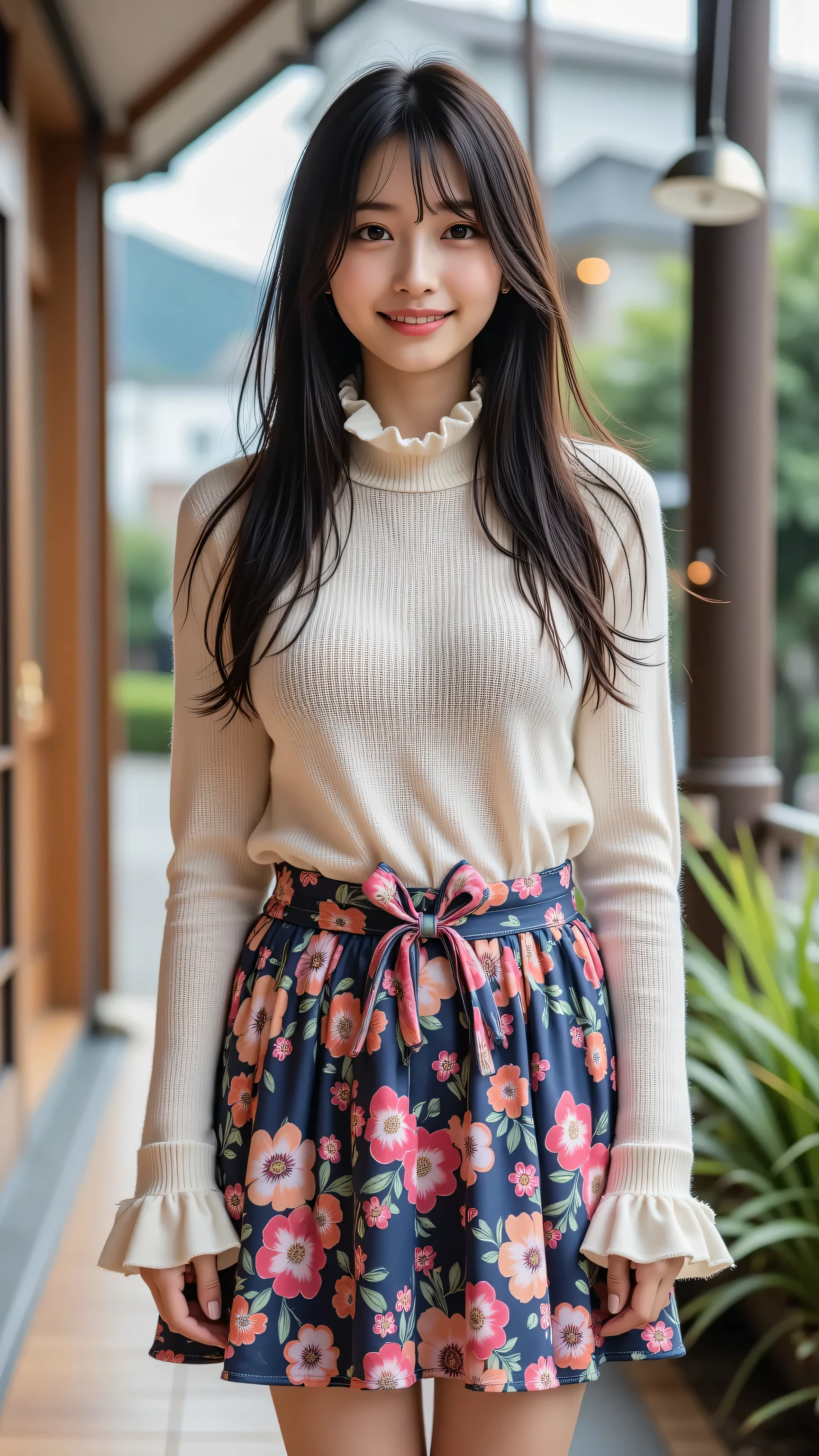 Sober Japanese woman 18yo Holiday Ruffle turtleneck knit pullover and floral ribbon shirring skirt cord Standing at the entrance of a house Looking at the camera Smiling In the distance a cat is looking at me