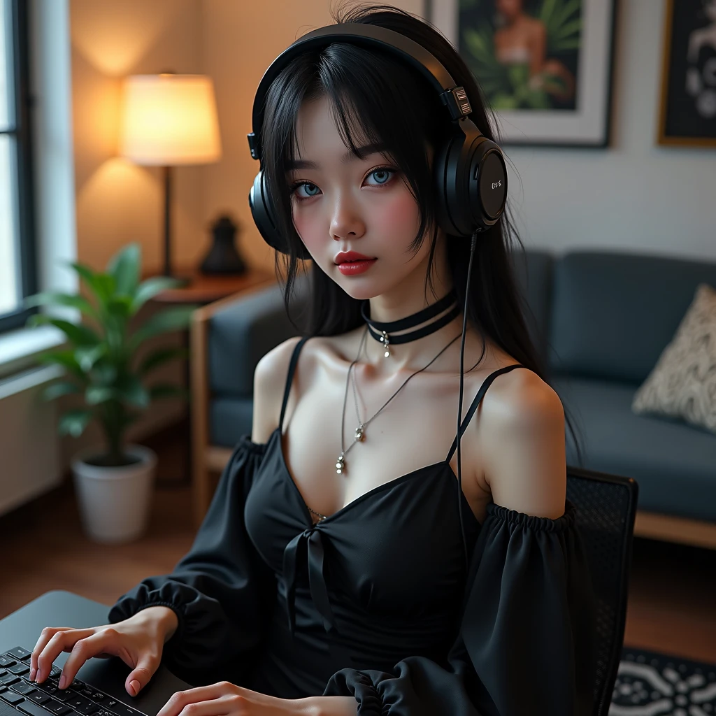 (NSFW), 1womanl, 24 year old, 7headed body, (cute  face), (Ideal ratio body proportions), (((Black big round glasses))), ((head phone)), Colorful loungewear, Play video games, long , de pele branca, small tits, A slender, Dark hair, short-hair, beauty legs, Small buttocks, Skinny Legs, surrealism, Cinematic lighting, depth of fields, One-person viewpoint, F/1.8, 135 mm, nffsw, masutepiece, ccurate, Anatomically correct, Textured skin, Super Detail, high details, High quality, awardwinning, Best Quality, hight resolution, 8K