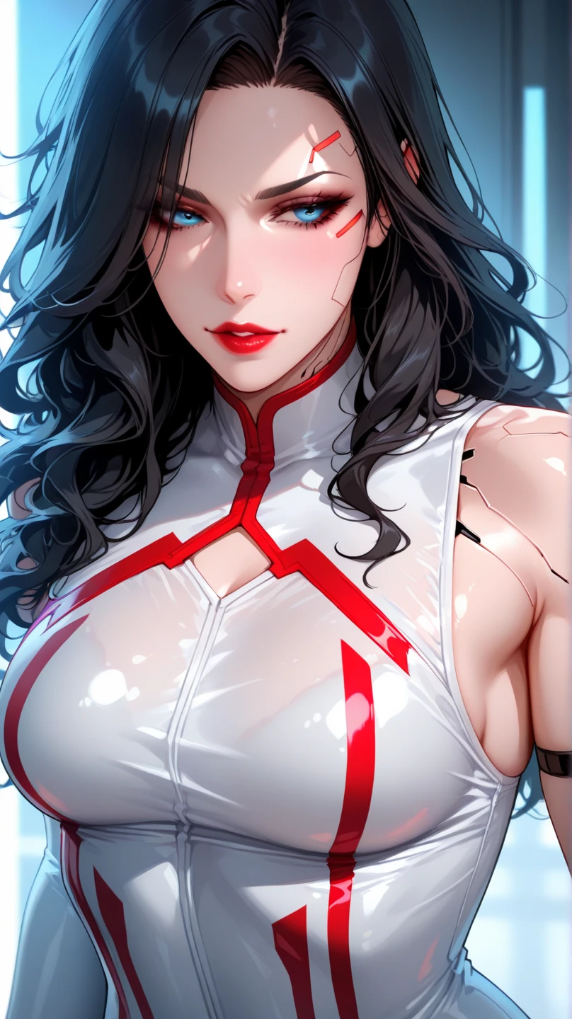 4K, A high resolution, Best quality at best, masterpiece, perfect colors, perfect shadow, perfect litthing, ((sportrait)), 1woman, fit-muscled body, bright yellow eyes，dark brown hair , blue eyes, With round lenses, big breast, The audience watched carefully, (s face: 1.2), Perfect female figure, ((standing)), ((red Tight vest pure red leather suit)), ((shy and looking at viewert)), (Perfect thick white eyebrows) Delicate fur, 详细s face, s the perfect face, (model pose standing),(abstract background:1.5), (treditional dress:1.2), (shiny skin), (many colors:1.4), upper body