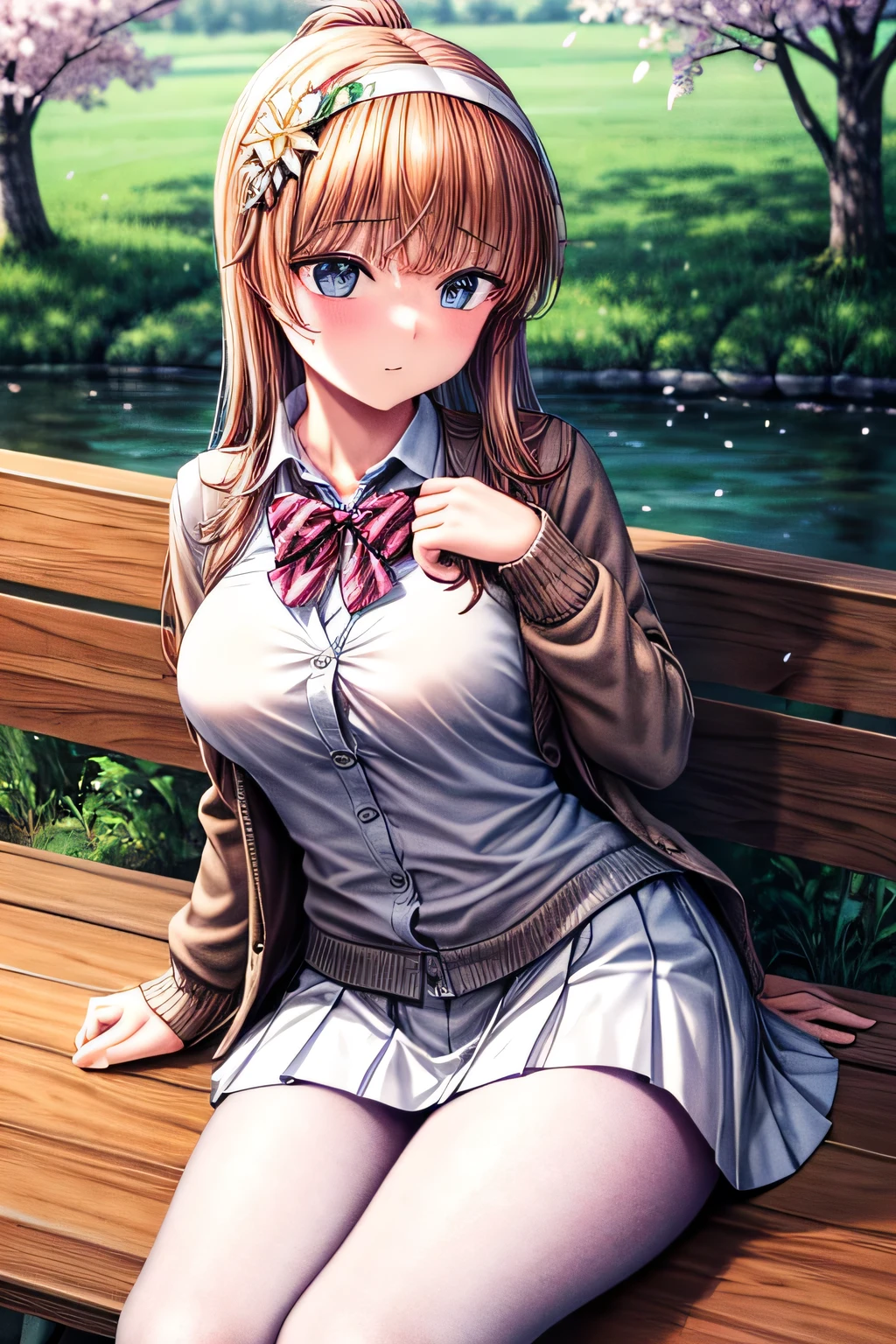 pretty girl, spring, Cherry blossom trees, (masterpiece brown cardigan over white blouse and masterpiece white long skirt), Cherry blossom petals dance, Japan, the river is flowing , big eyes with highlights, (masterpiece perfect hand), huge breast, ((blunt bangs, straight across her forehead, hime cut)), sitting on a wooden bench, thin thighs, (スカートの下にglossy slippy metallic texture nylon white pantyhose), Classy behavior, 4K painting, sharp image quality