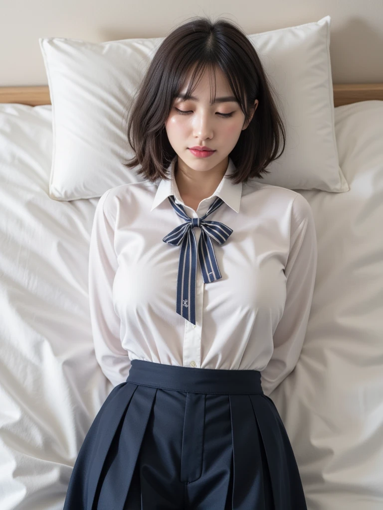 (私mmersive Photography, Naughty photos, Full body photo:1.4), (Upper body naked, Wearing a uniform without a bra, White shirt, A bow tie, Navy Skirt, Tucking the shirt into the skirt,Chest is taut:1.6), (Nipples are clearly visible even through clothing, The crotch cleft is clear, Super beautiful bare feet:1.2), (she is lying on the bed, Unbutton your shirt、The chest is exposed, Open your lips slightly:1.6), (she'Always ready for sex., sheのおっぱいで遊ぶ:1.4), ((24-years-old, Beautiful female announcer, naughty lips, blush, My hair is messy, Body facing forward:1.4)), ((Small breasts, Flat Chest, chest is slightly drooping:1.2)), Eye focus, Watery eye, Narrow shoulders, Beautiful clavicle, Thin arms, Thin legs, Slim figure, Soft belly, Tight waist, Ultra detailed face, super detailed breasts, Ultra-detailed skin, Ultra-detailed lips, Fuller lips, Thick and soft lips, Glossy Lips, White teeth, Beautiful actress makeup, Compensate, Dark lipstick, Dark brown hair, Delicate and soft hair, Let your hair down, Fluffy short bob, Sweep your bangs to the side, Stylish earrings,necklace, s